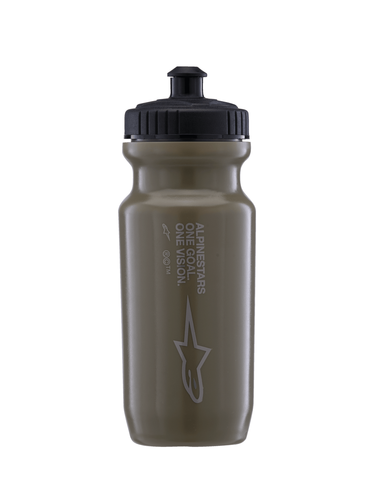 Alpinestars Water Bottle Ogov - 20Oz, Sports Water Bottle, Military Green with Black Cap, matte finish with star logo and "One Goal One Vision" vertical text, ridged grip cap with hands-free valve spout