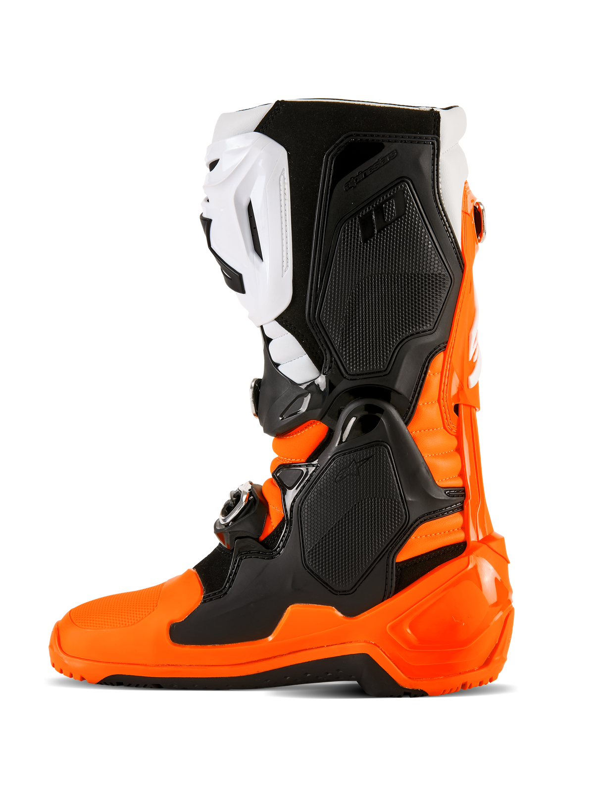 Alpinestars Tech 10 Enduro Boots, Orange Fluo Black and White, high-performance motocross and off-road footwear featuring a triple buckle closure system, protective TPU panels, and specialized Enduro dual-compound sole for enhanced grip.