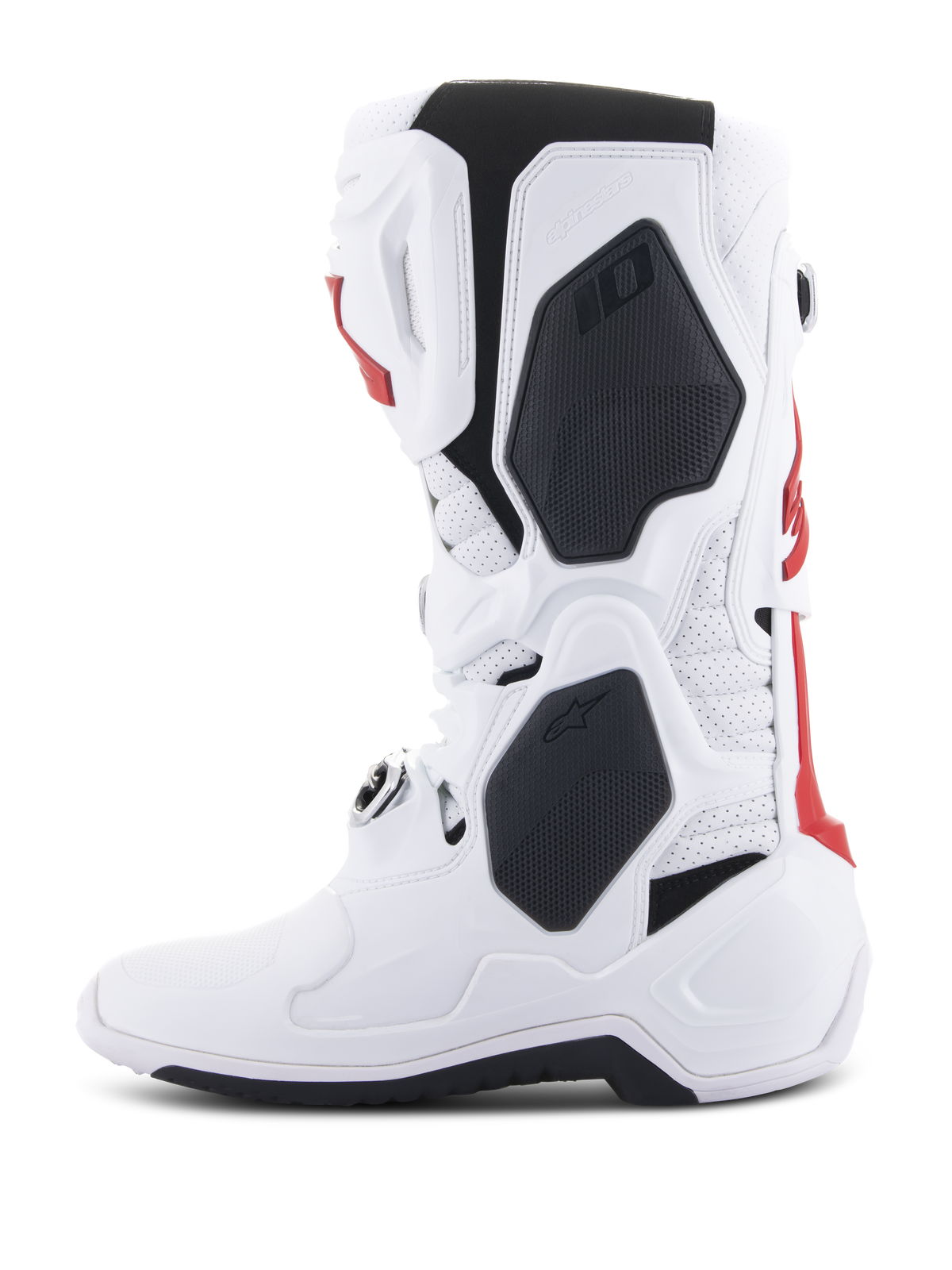 Alpinestars Tech 10 Supervented Boots, Motocross Boots, White and Bright Red with black accents, side profile view highlighting the ventilated construction and protective TPU shell