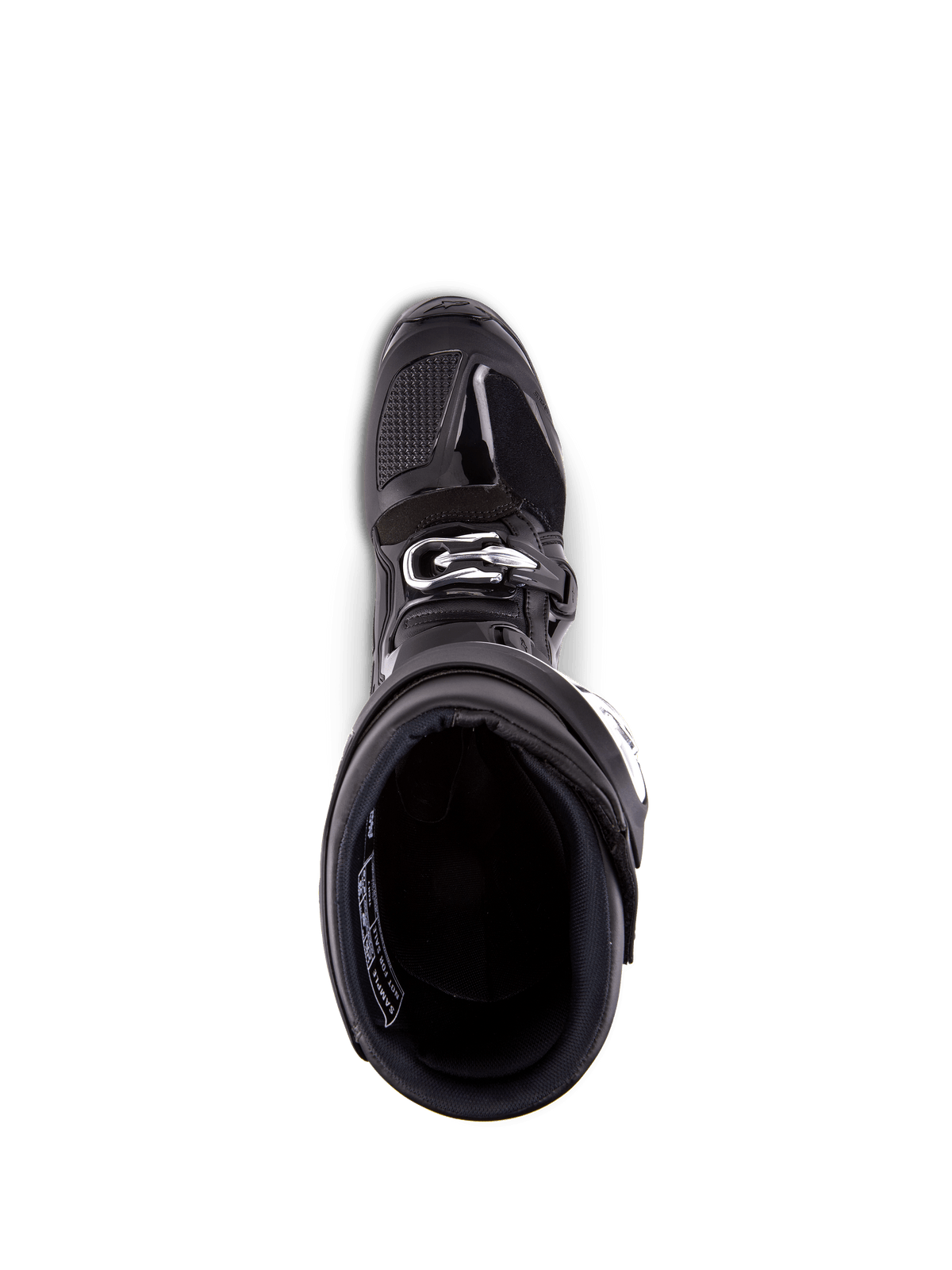 Alpinestars Tech 7 Boots, Motocross Boots, Black, top-down view looking into the interior lining, featuring a silver buckle closure and reinforced toe area, professional off-road racing footwear.