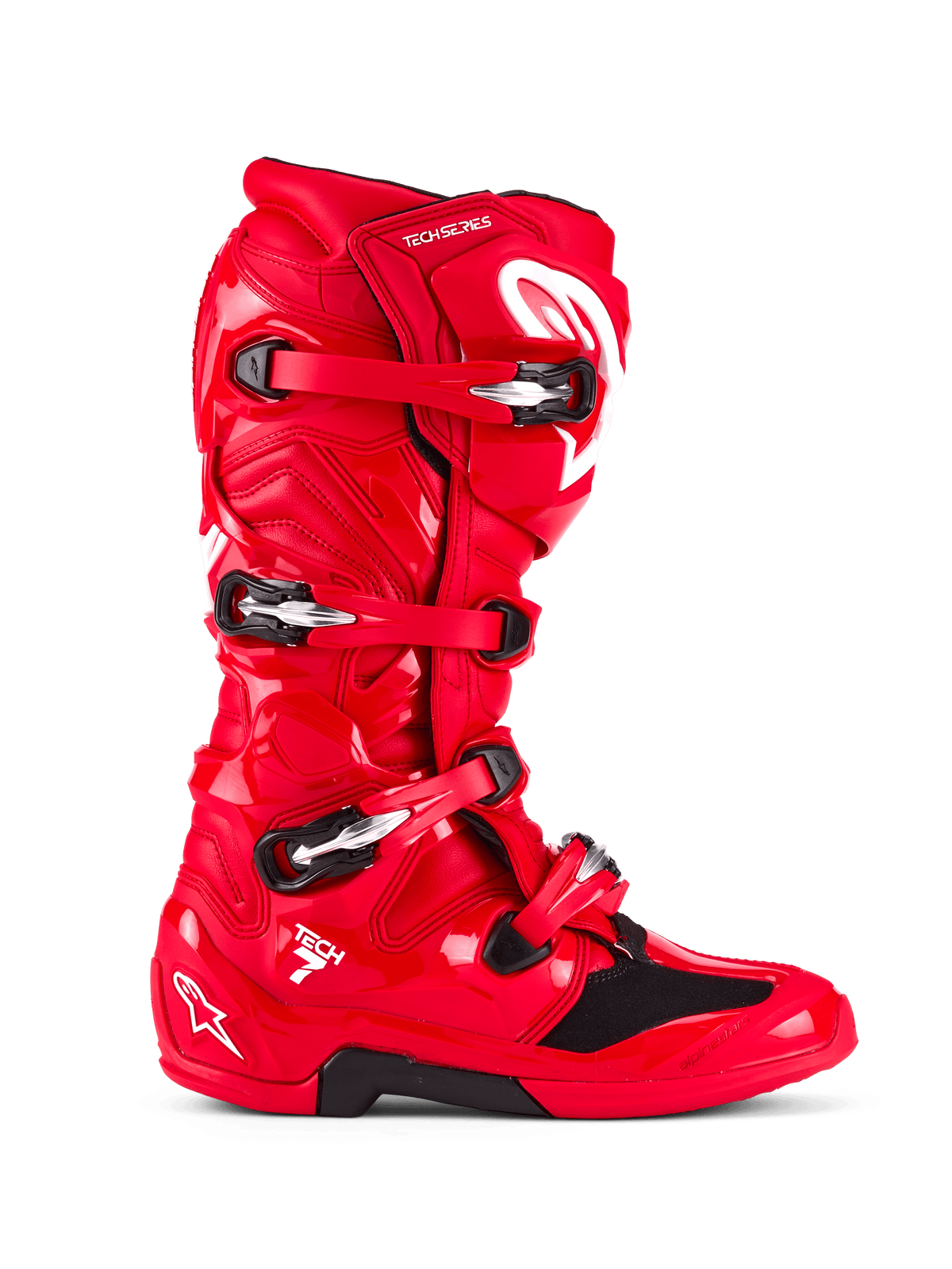 Alpinestars Tech 7 Boots, Motocross Boots, Bright Red, side profile view, featuring a four-buckle closure system, TPU protective shell, white Alpinestars logo and "Tech 7" branding, durable off-road racing footwear