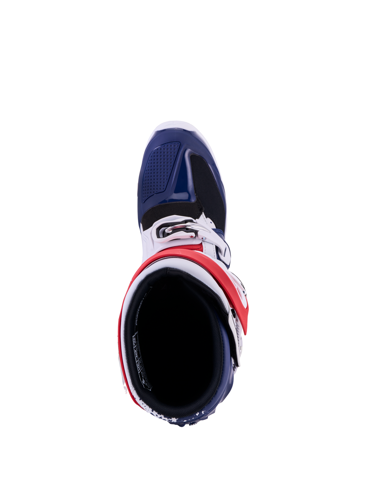 Alpinestars Tech 7 Unity Boots, red, white, and blue motocross racing boots, top-down view with protective TPU panels.