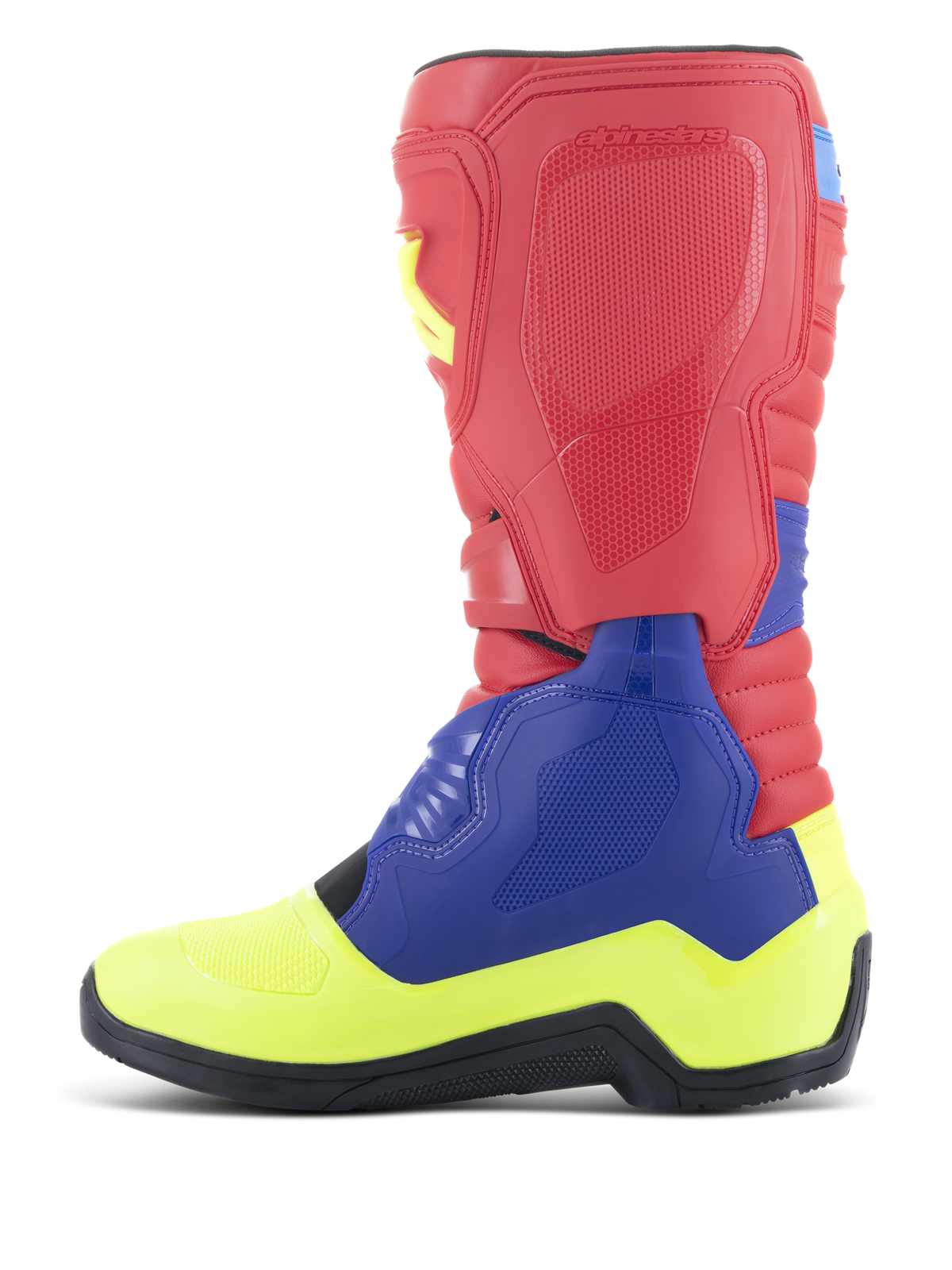 Alpinestars Tech 3 Boots, Motocross Boots, Bright Red, Dark Blue, and Yellow Fluo, side profile view, featuring a vibrant multi-color design with protective TPU panels, a reinforced foot shell, and a black high-grip rubber outsole.