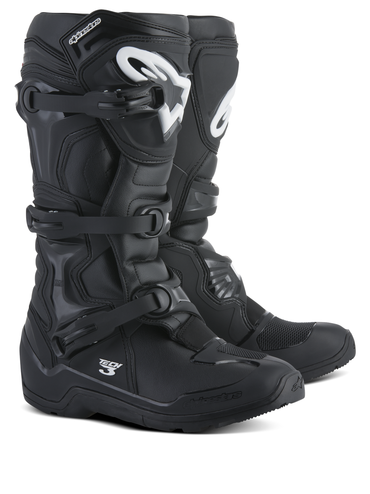 Alpinestars Tech 3 Enduro Boots, Motocross and Off-Road Boots, Black with White logos, triple polymer buckle system, durable TPU protection, rugged all-terrain sole design