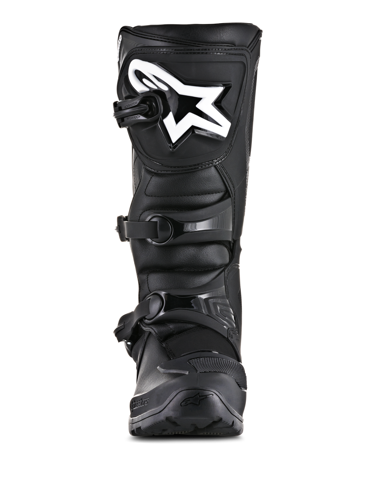 Alpinestars Tech 3 Enduro Boots, Off-Road Motorcycle Boots, Black, front view featuring a white Alpinestars logo on the shin plate, three-buckle closure system, and rugged microfiber and TPU construction.