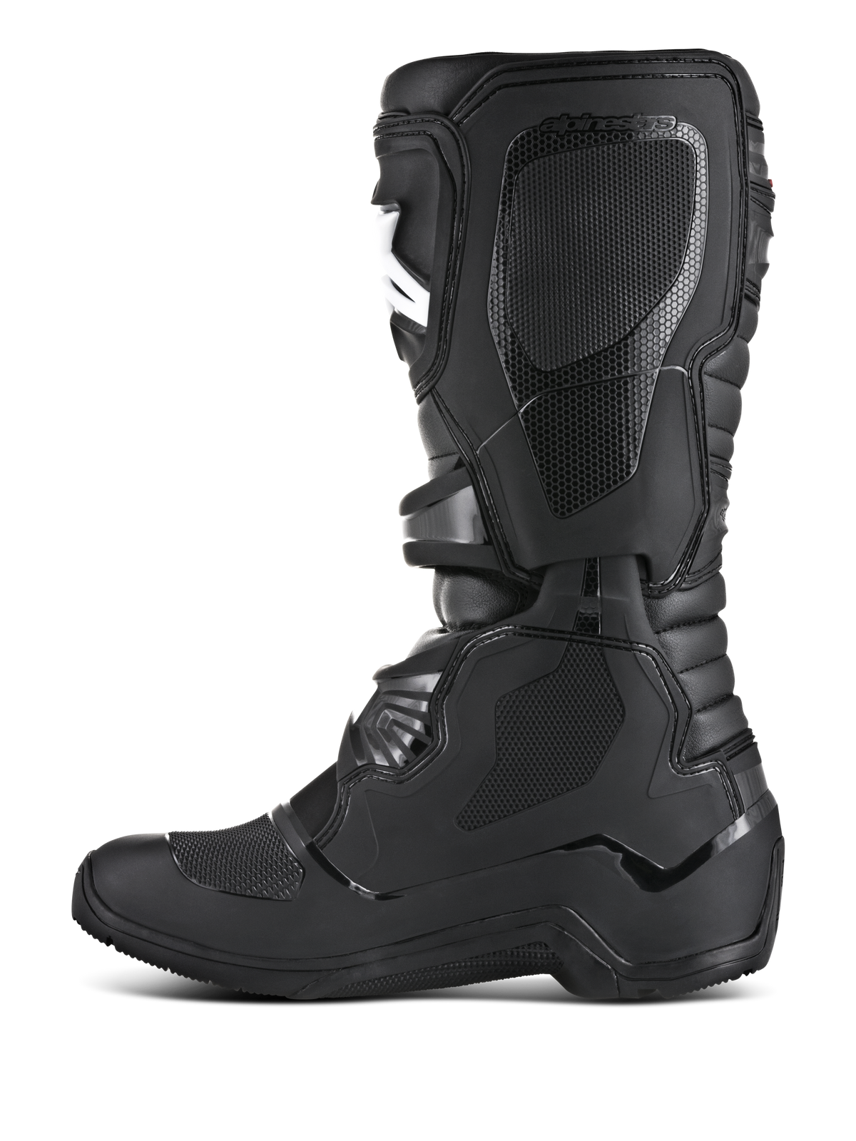 Alpinestars Tech 3 Enduro Boots, Off-Road Motorcycle Boots, Black, medial side profile featuring textured TPU grip panels, protective shin plate, and durable construction for enduro and motocross.