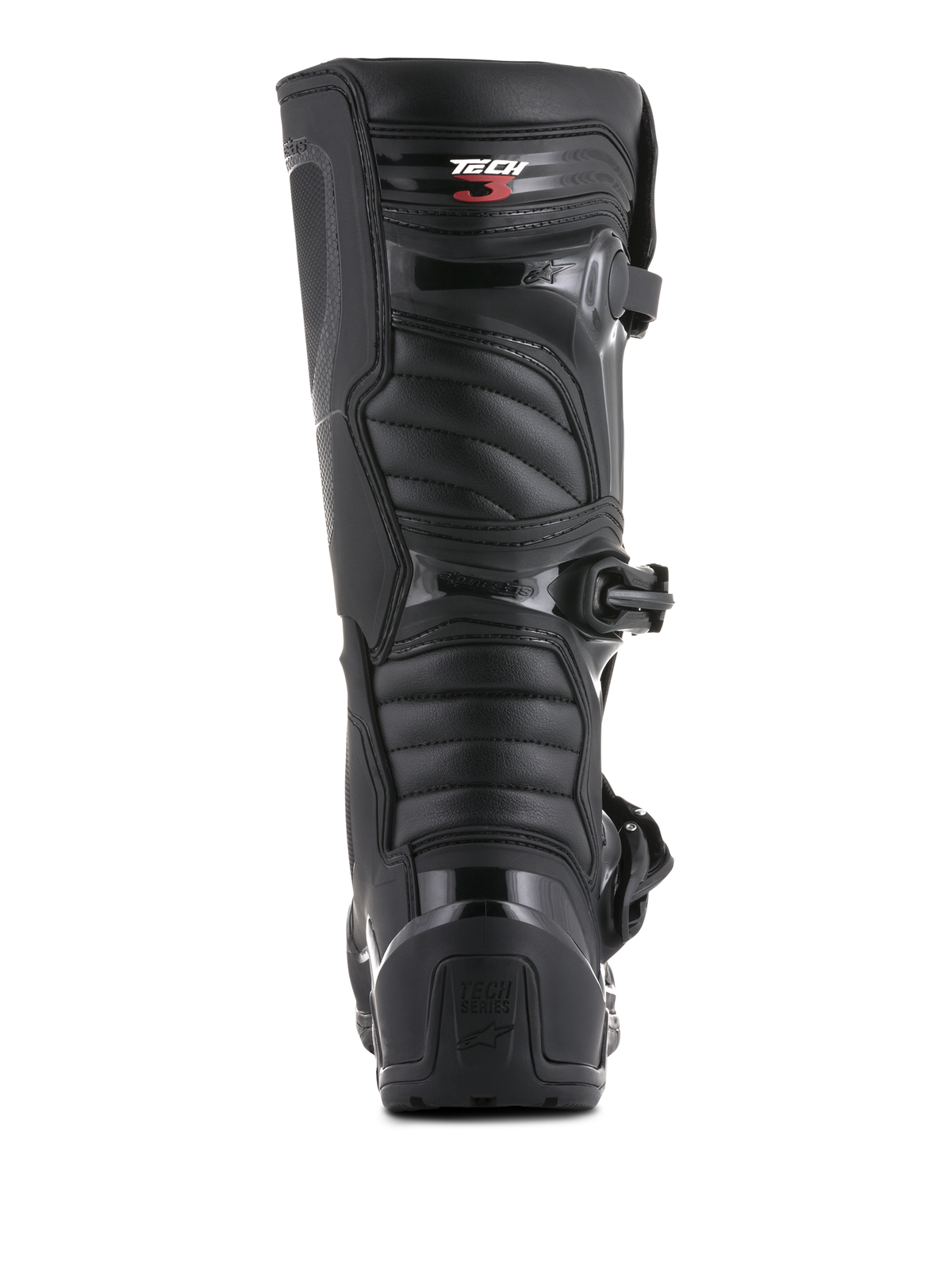 Alpinestars Tech 3 Enduro Boots, Rear View, Black, featuring TPU heel counter with Tech Series branding and ribbed flexible panels, durable protective footwear for motocross and off-road riding