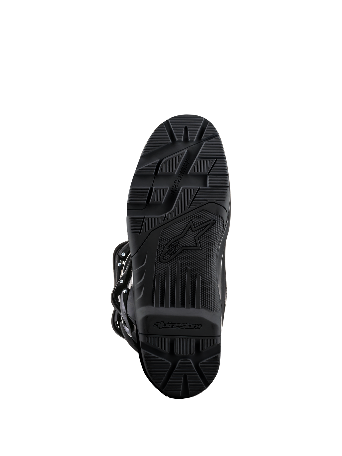 Alpinestars Tech 3 Enduro Boots, Black, bottom sole view, high-grip rubber compound with textured tread pattern for off-road durability, featuring Alpinestars branding