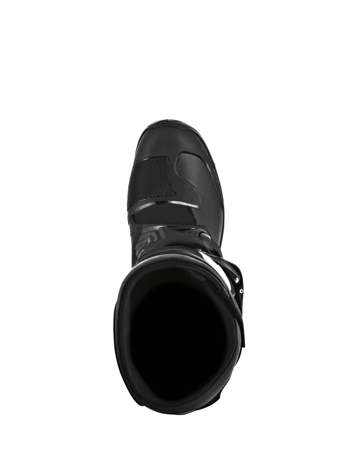 Alpinestars Tech 3 Enduro Boots, Black, top-down view looking into the boot opening, showing the interior collar and reinforced toe box area, designed for off-road and enduro riding.