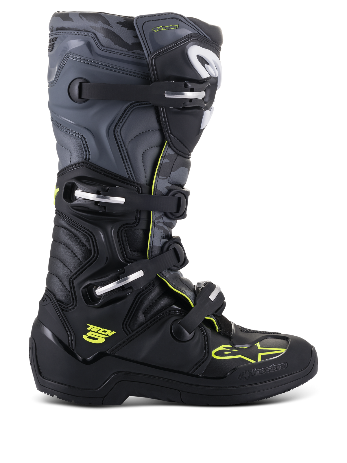 Alpinestars Tech 5 Boots, Motocross Off-Road Boots, side profile view, Black and Cool Gray with Yellow Fluo accents, featuring camouflage pattern, adjustable buckles, and rugged protective sole.
