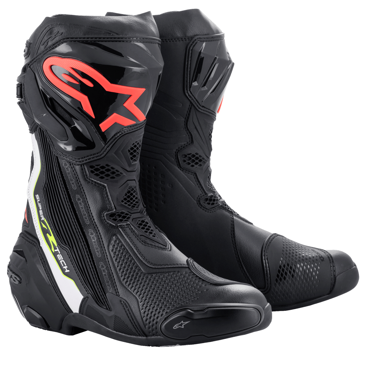 Alpinestars Supertech R Boots, performance motorcycle racing boots, black with red Alpinestars logo on the shin, white and fluorescent yellow accents, featuring technical microfiber construction and protective TPU shin plates.