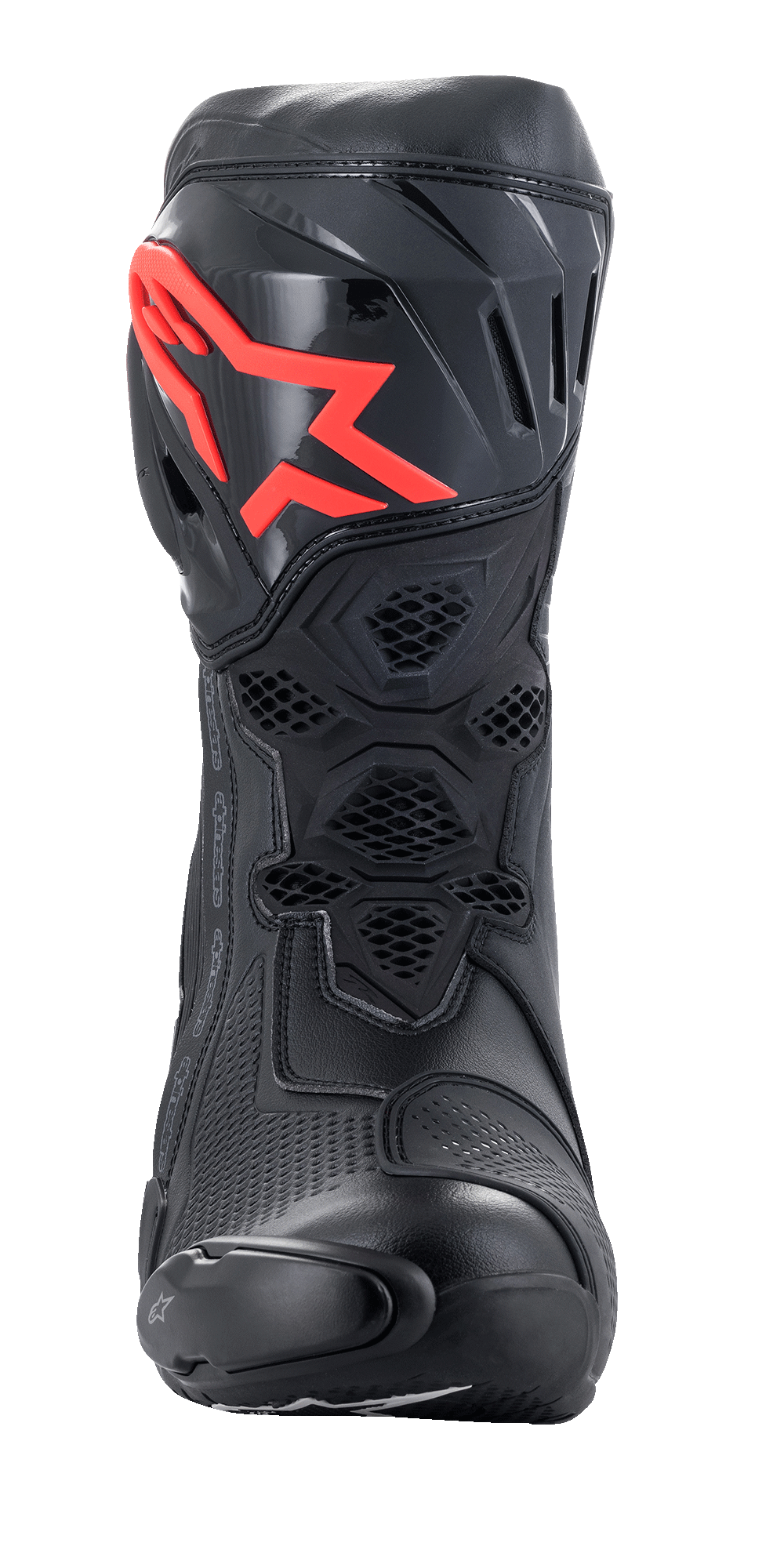 Alpinestars Supertech R Boots, Performance Racing Motorcycle Boots, Black with Red Logo, front view featuring a protective TPU shin plate, honeycomb mesh ventilation, and aerodynamic racing design