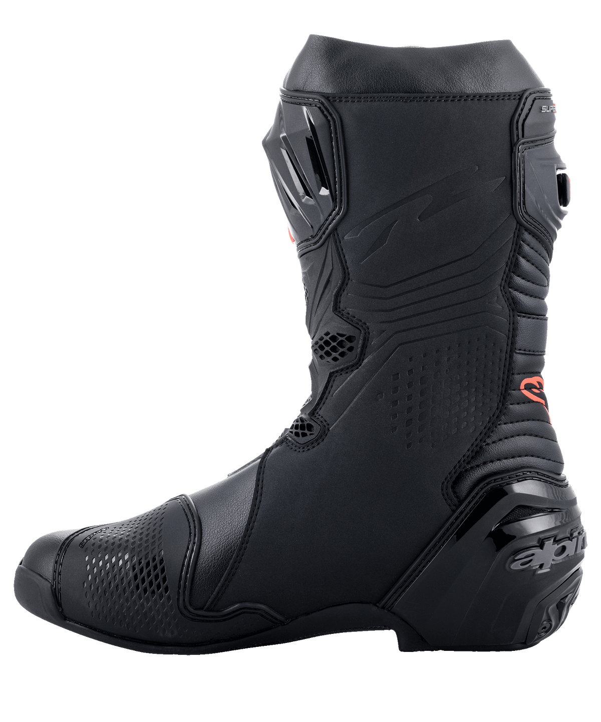 Alpinestars Supertech R Boots, high-performance motorcycle racing boots, sleek all-black design with red logo detail, side profile featuring reinforced heel and TPU protection panels