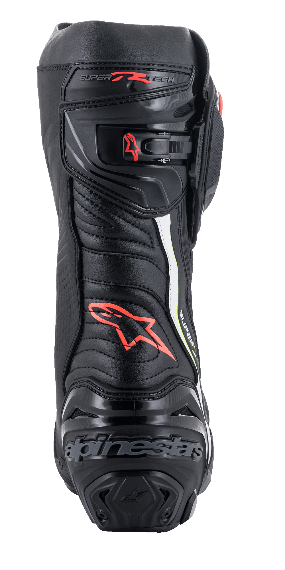 Alpinestars Supertech R Boots, high-performance racing motorcycle boots, rear view in black with red and yellow fluo accents, featuring TPU heel protection, a micro-adjustable ratchet closure, and signature branding.