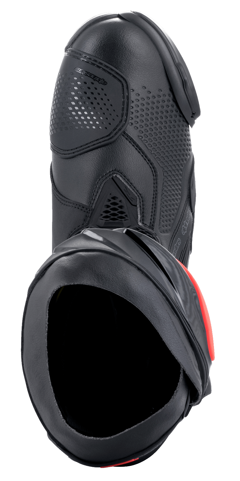 Alpinestars Supertech R Boots, Performance Motorcycle Racing Boots, Black with red accents, top-down view showcasing the microfiber upper, perforated texture, TPU shifter zone, and secure entry opening.