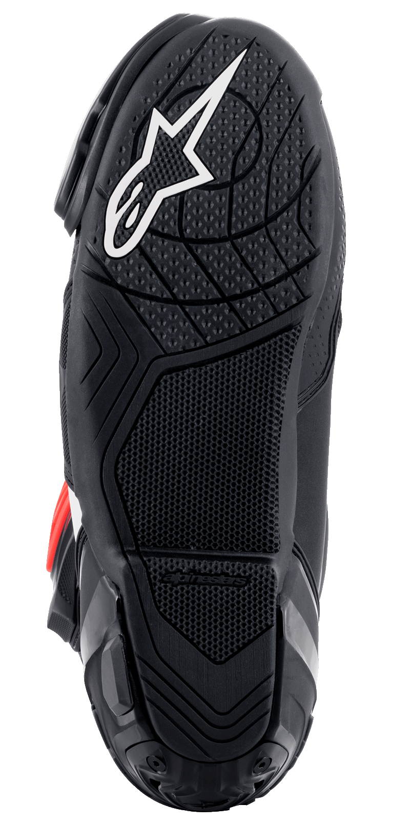 Alpinestars Supertech R Boots, bottom sole view, black lightweight rubber compound with textured grip pattern, white Alpinestars star logo, performance motorcycle racing footwear