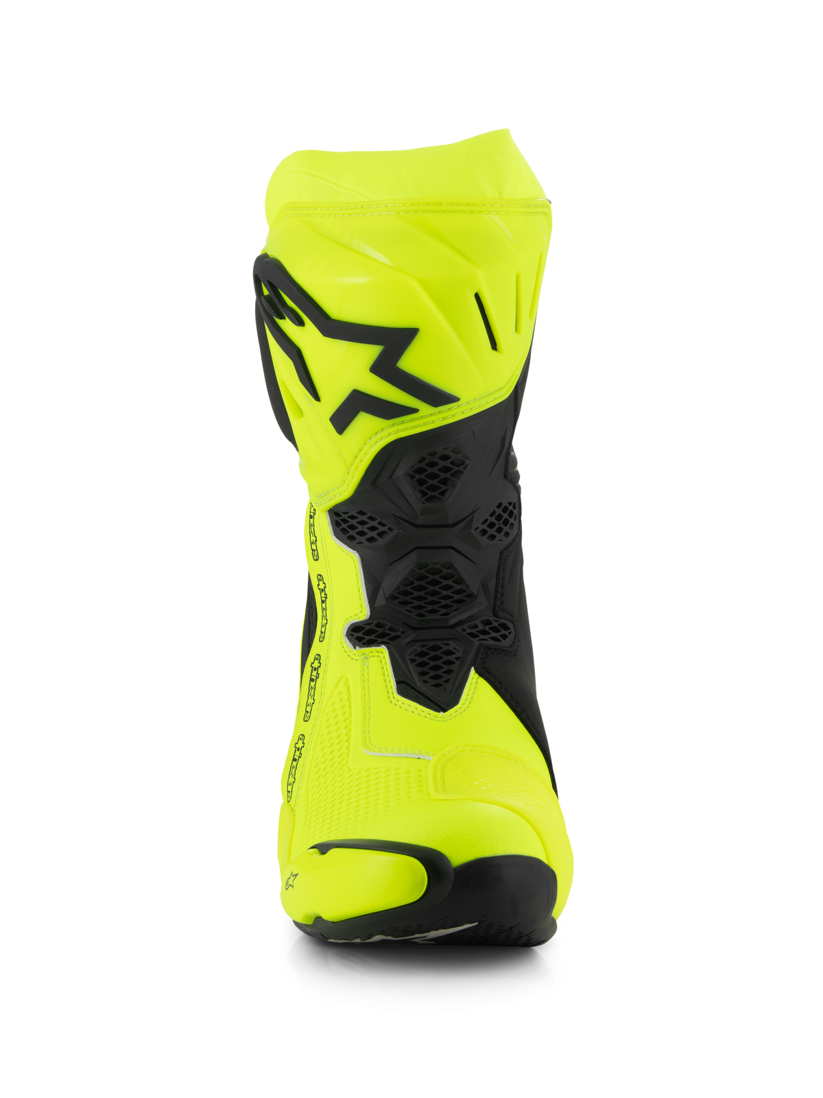 Alpinestars Supertech R Boots, Motorcycle Racing Boots, Yellow Fluo and Black, front view showing the black star logo on the shin plate, honeycomb-textured flex areas, and streamlined design for high-performance racing.