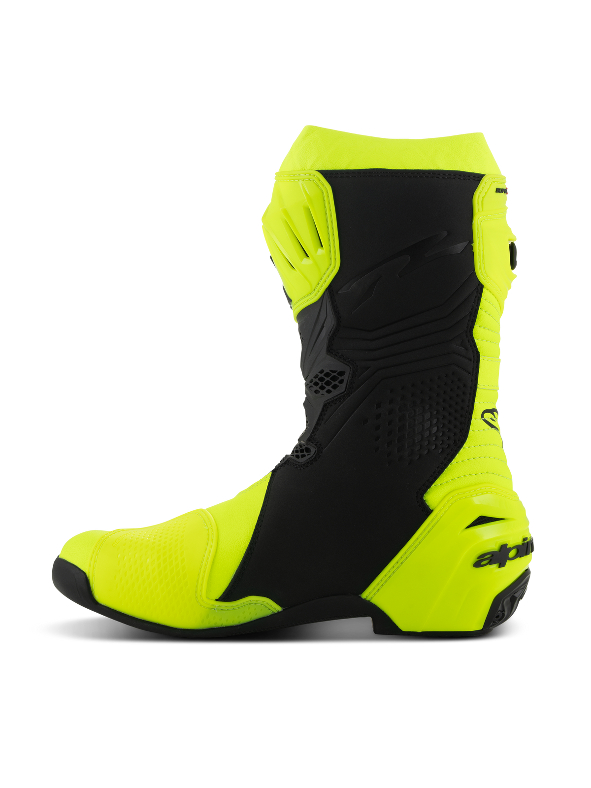 Alpinestars Supertech R Boots, Motorcycle Racing Boots, Yellow Fluo and Black, side profile featuring reinforced shin and heel protection, sleek ergonomic design with perforated panels and branding on the heel.
