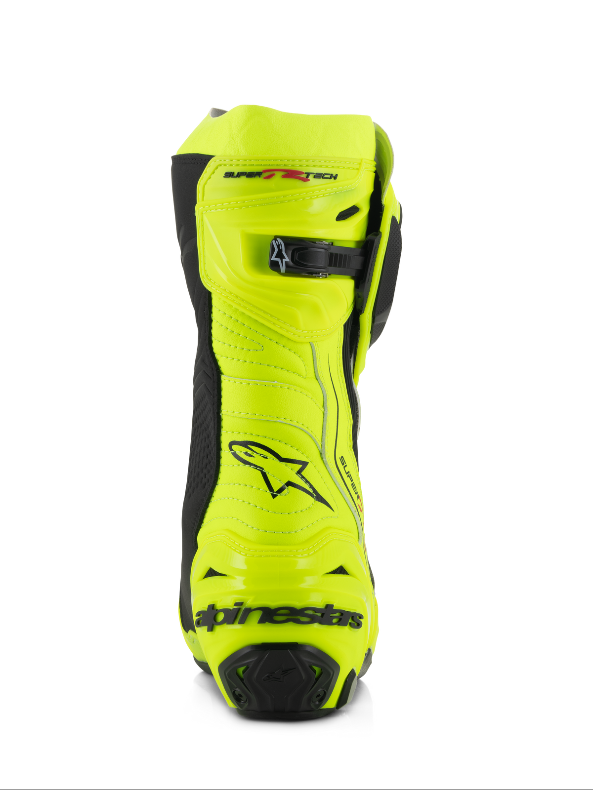 Alpinestars Supertech R Boots, Motorcycle Racing Boots, Yellow Fluo and Black, rear view featuring reinforced heel protector, adjustable calf closure, and bold branding, high-visibility fluorescent finish for track and road performance