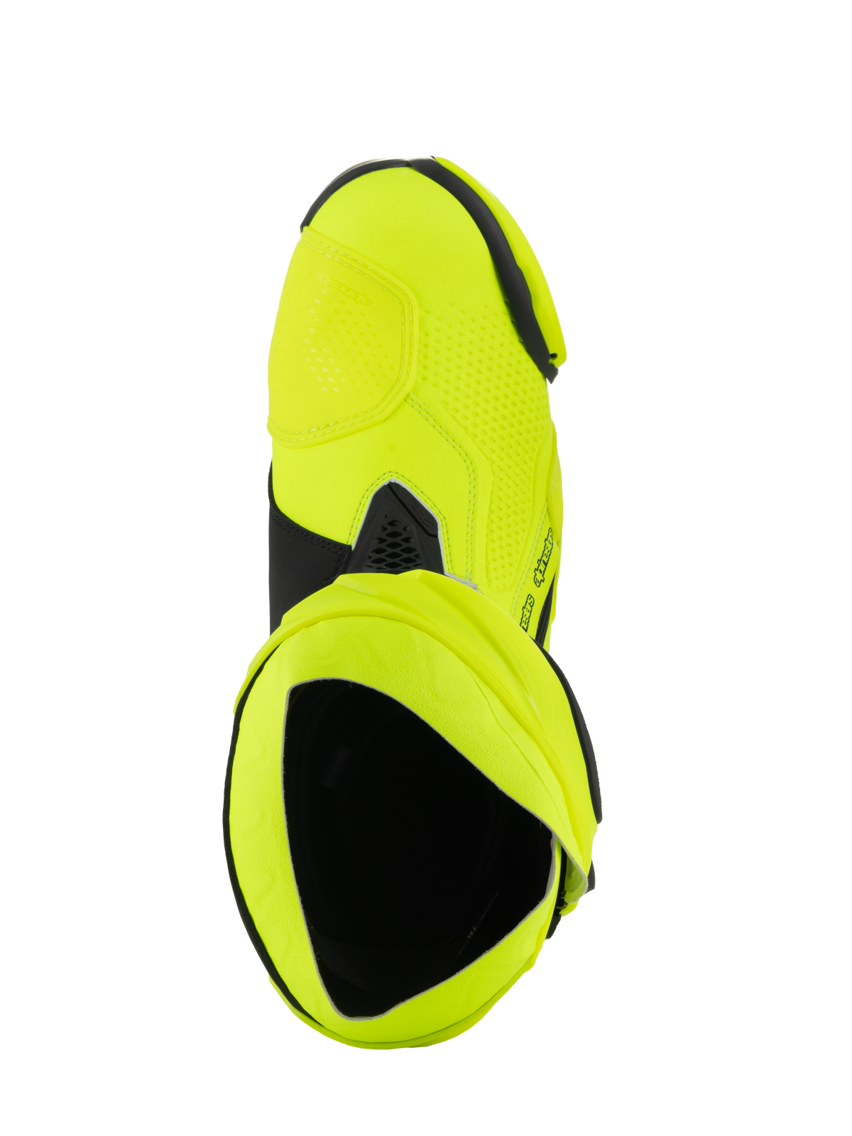 Alpinestars Supertech R Boots, Motorcycle Racing Boots, Yellow Fluo Black, top-down view looking into the boot interior, bright neon yellow finish with black accents and gaiter detail