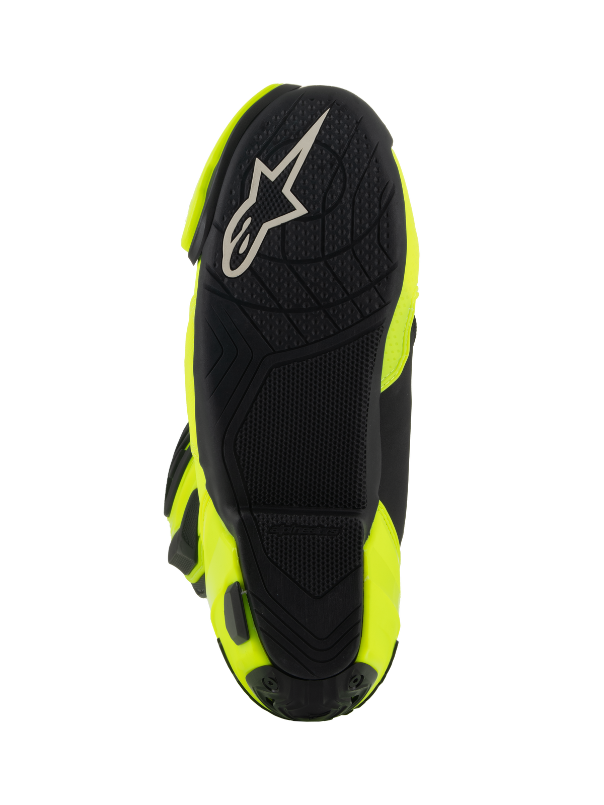 Alpinestars Supertech R Boots, Motorcycle Racing Boots, Yellow Fluo Black, bottom view showing black textured sole with white Alpinestars logo and bright yellow side panels
