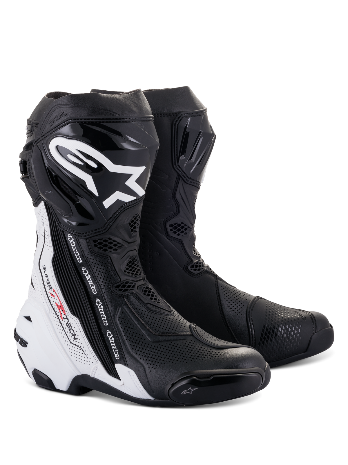 Alpinestars Supertech R Vented Boots, Motorcycle Racing Boots, Black and White, featuring extensive perforations for ventilation, bold white branding on the shin, TPU protectors, and sleek aerodynamic design for track performance.