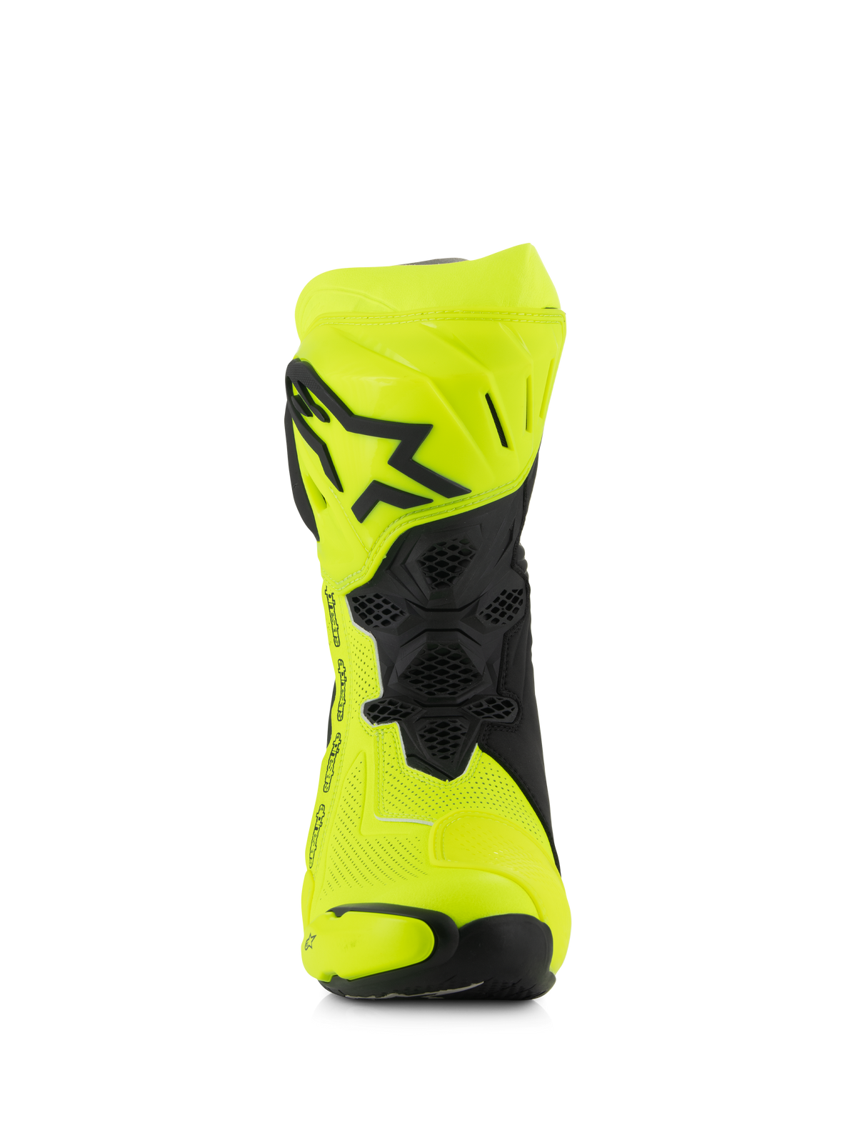 Alpinestars Supertech R Vented Boots, Motorcycle Racing Boots, Yellow Fluo and Black, front view featuring perforated microfiber, TPU shin plate with black star logo, and ventilation mesh for maximum airflow.