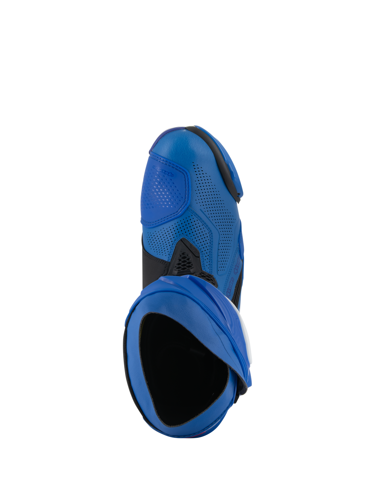 Alpinestars Supertech R Vented Boots, Racing Motorcycle Boots, Blue and Black, top-down view showing the entry and perforated microfiber upper, high-performance motorsport footwear with ventilated design