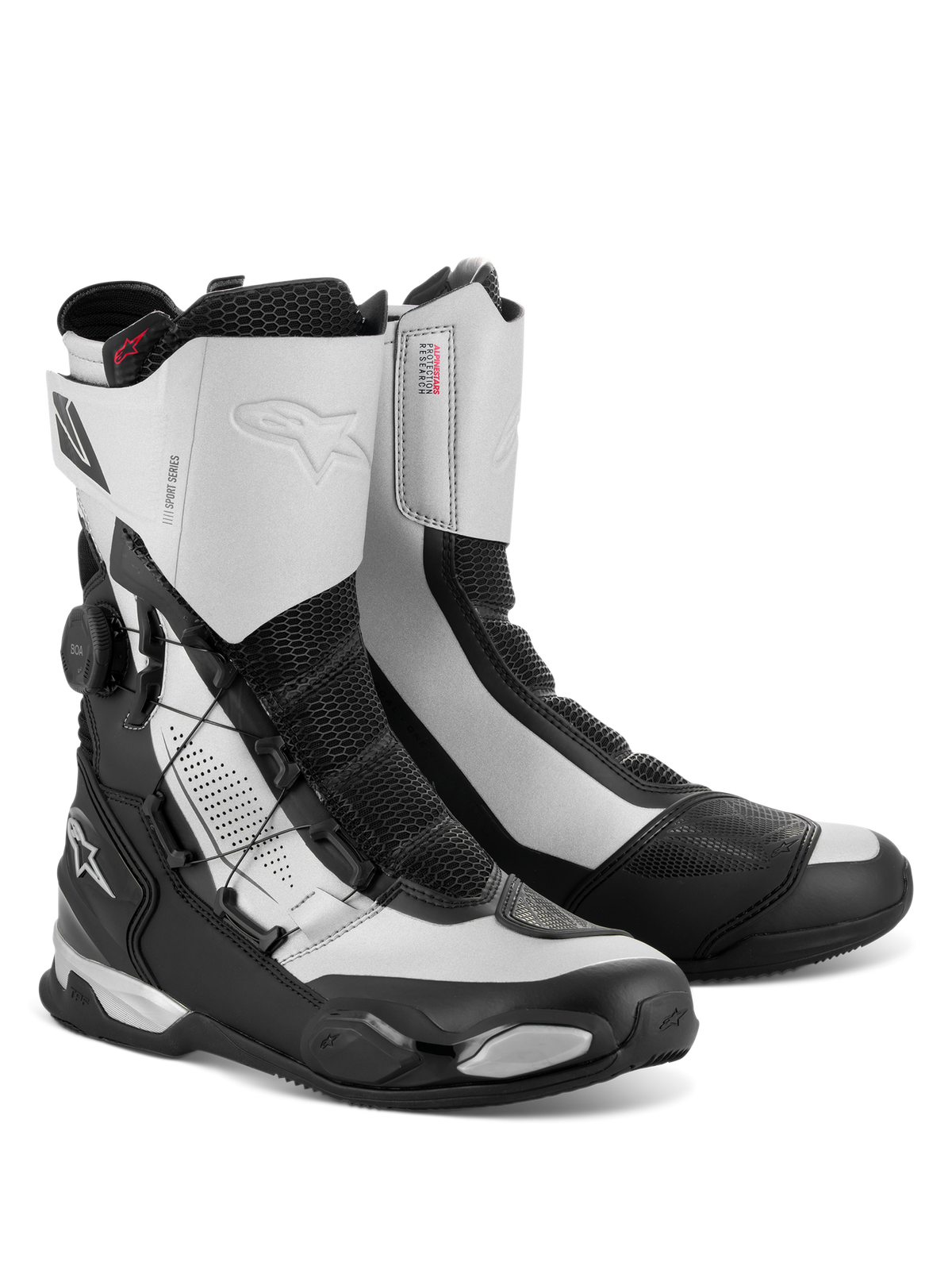 Alpinestars SP-X BOA Boots, mid-height motorcycle sport touring boots, Black and Silver, featuring the side BOA Fit System dial, Rideknit mesh panels, and TPU heel and toe protection, sleek athletic design with Alpinestars logos