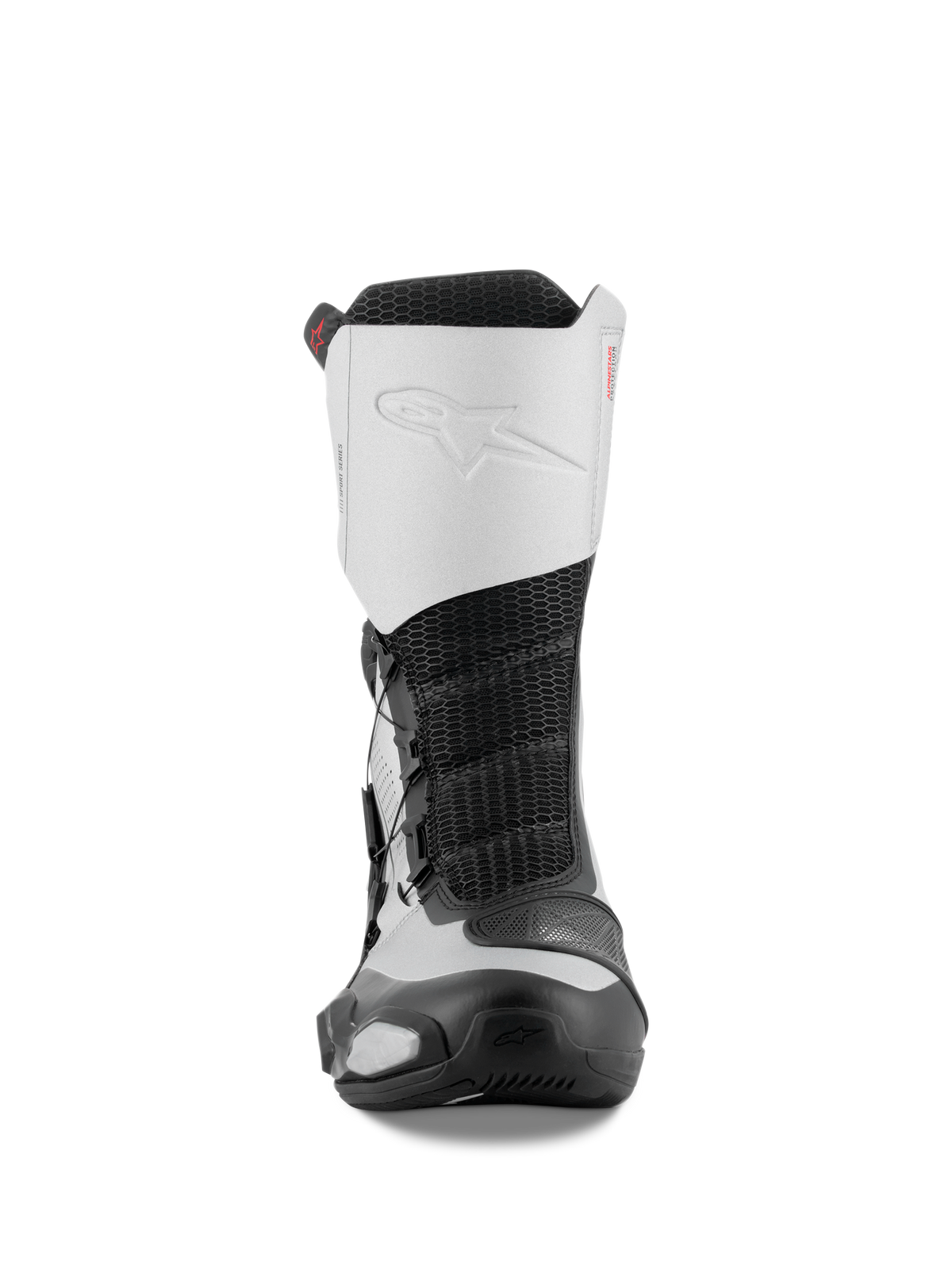 Alpinestars SP-X BOA Boots, front view, Black and Silver, mid-height sport motorcycle boots featuring a white microfiber upper with embossed logo, black mesh center, and protective TPU components