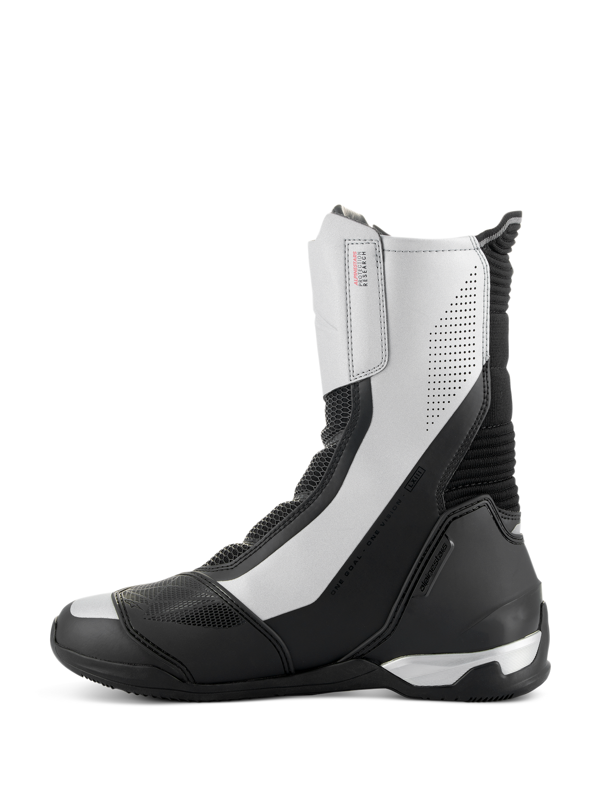 Alpinestars SP-X BOA Boots, mid-height sport motorcycle boots, Black and Silver, sleek side profile featuring silver panels with perforated details, black TPU heel counter, and Alpinestars branding.