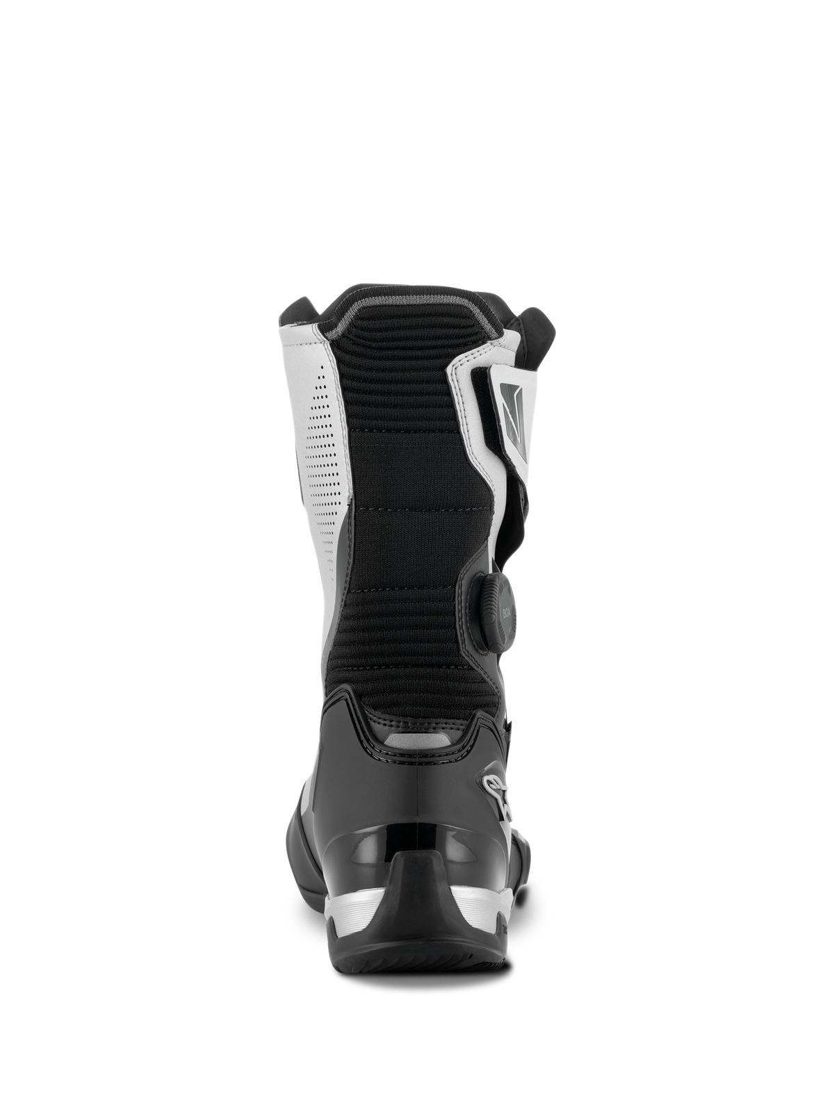 Alpinestars SP-X BOA® Boots, Black and Silver, rear view of mid-height sport touring motorcycle boot, featuring a black TPU heel counter, silver side panels, and side BOA Fit System dial, sleek and protective design