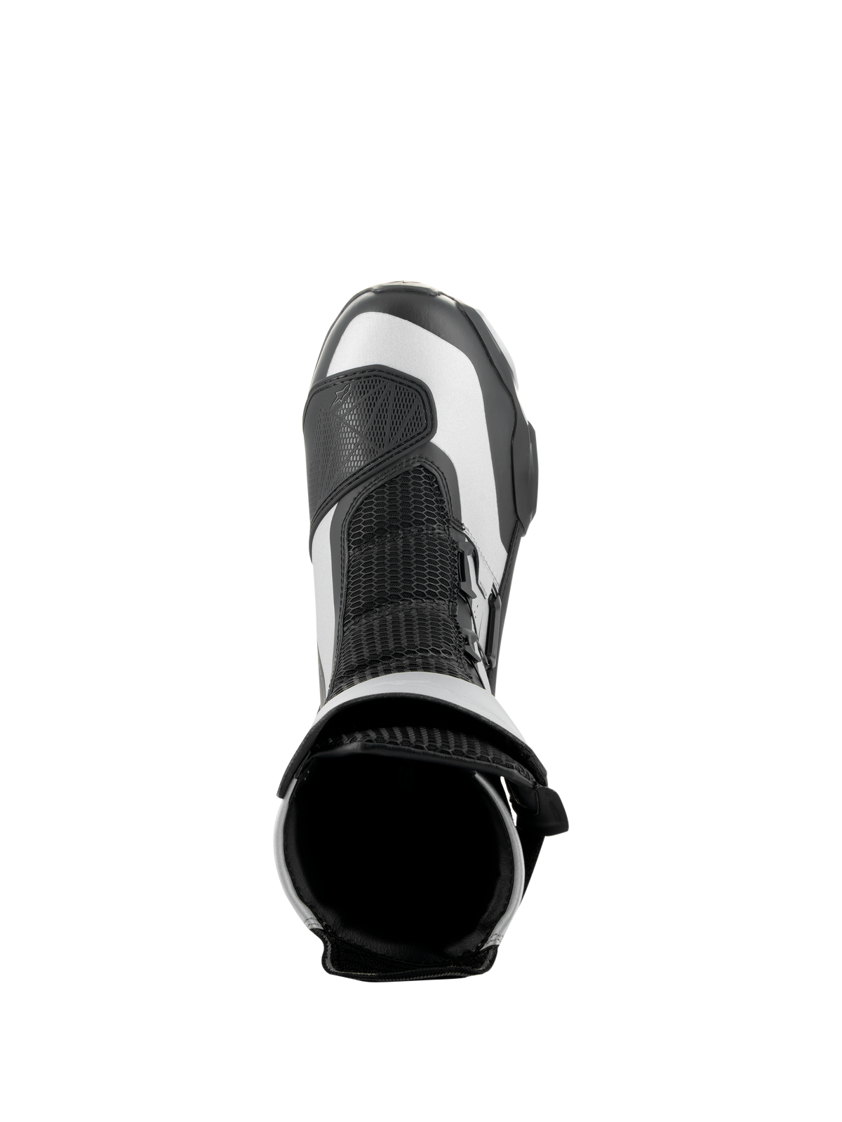 Alpinestars SP-X BOA Boots, Black and Silver, overhead view showing the top opening and mesh tongue, sleek mid-height sport motorcycle boots with advanced microfiber and Rideknit construction