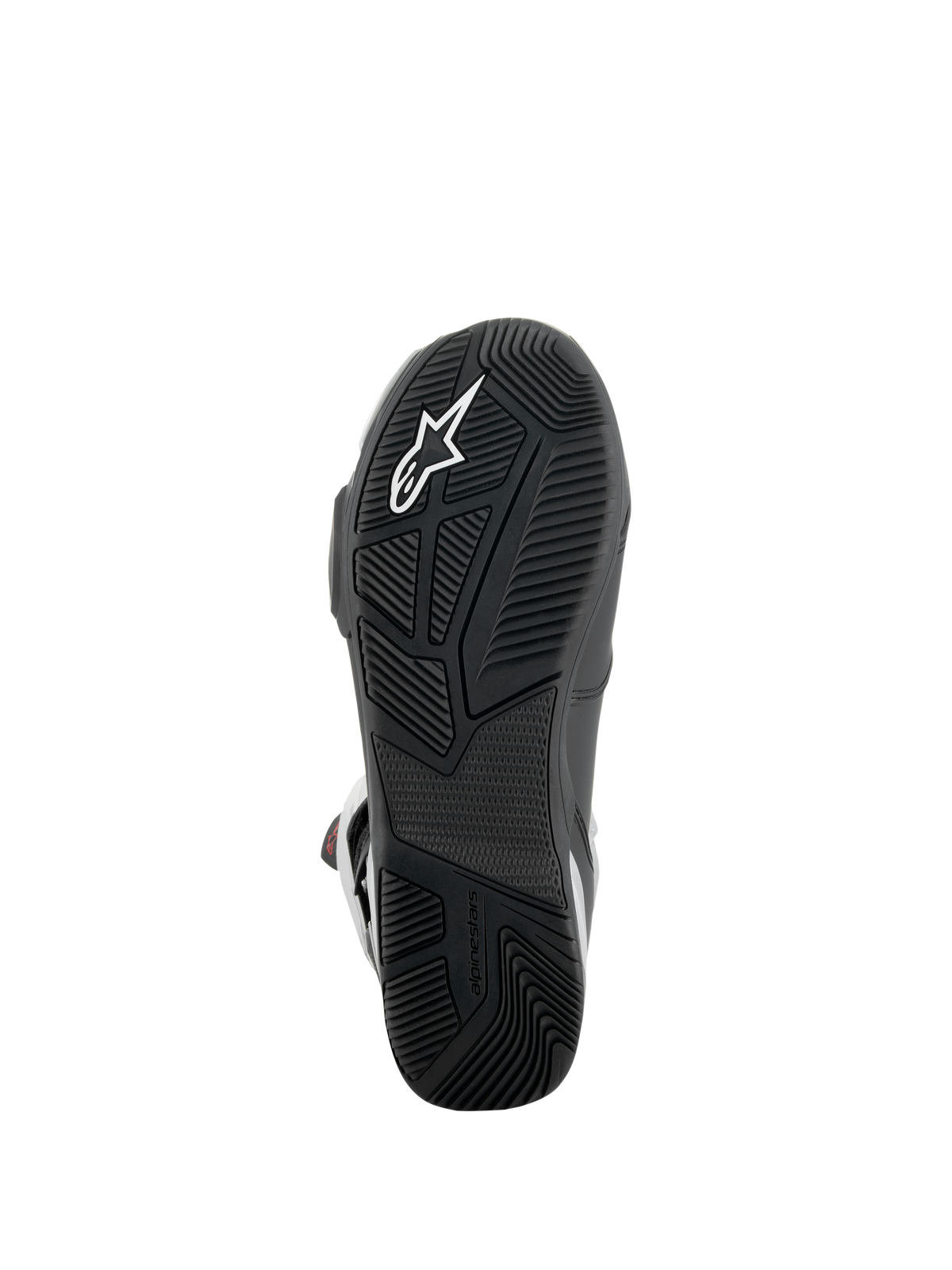 Alpinestars SP-X BOA® Boots, Sole View, Black, featuring textured rubber outsole with white star logo, asymmetric heel design for stability, and specialized tread patterns for peg grip.