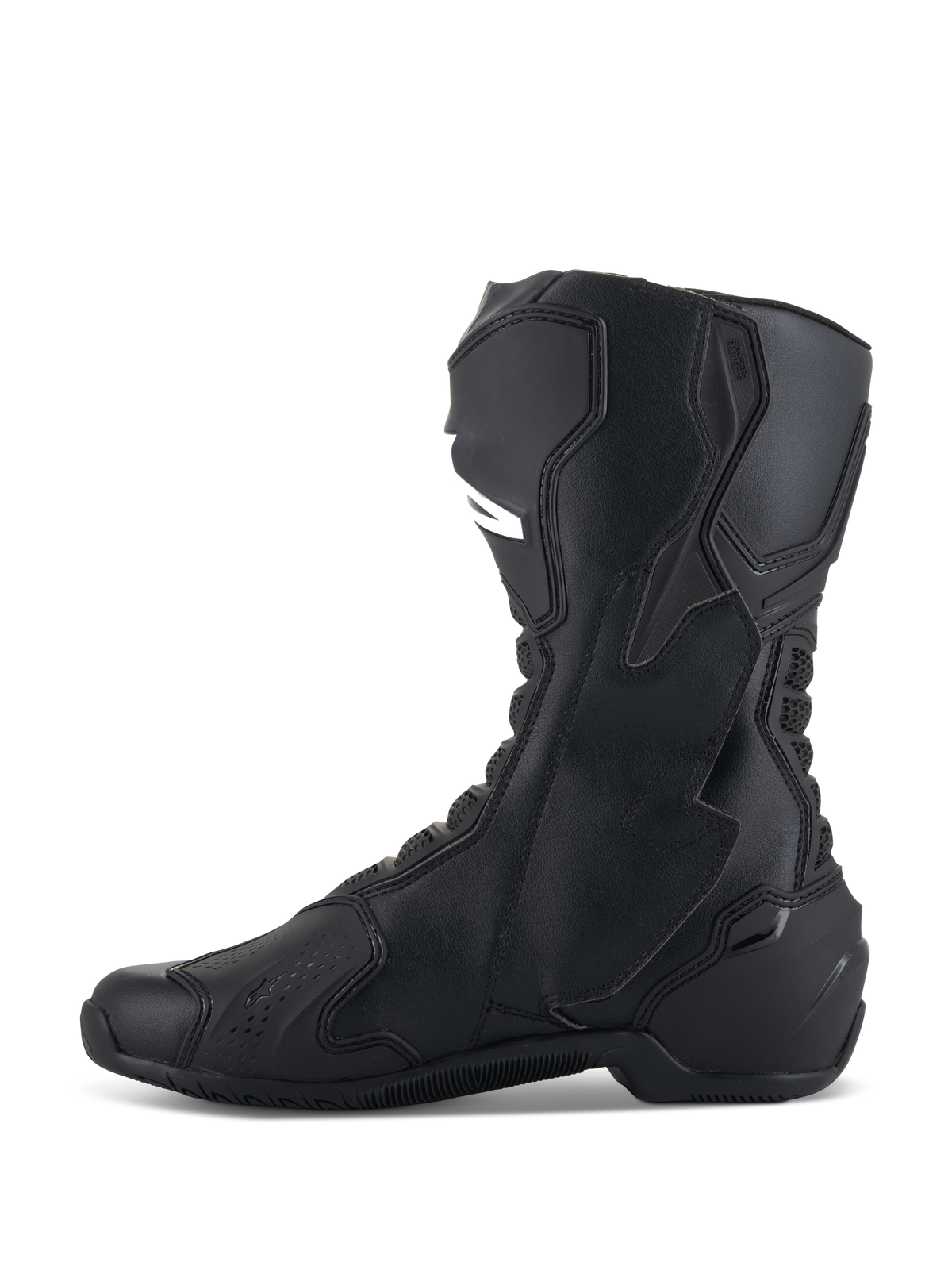 Alpinestars SMX-6 V3 Boots, Black, Performance motorcycle riding boot, side profile showing TPU shin guard and biomechanical ankle brace, microfiber construction with streamlined racing design