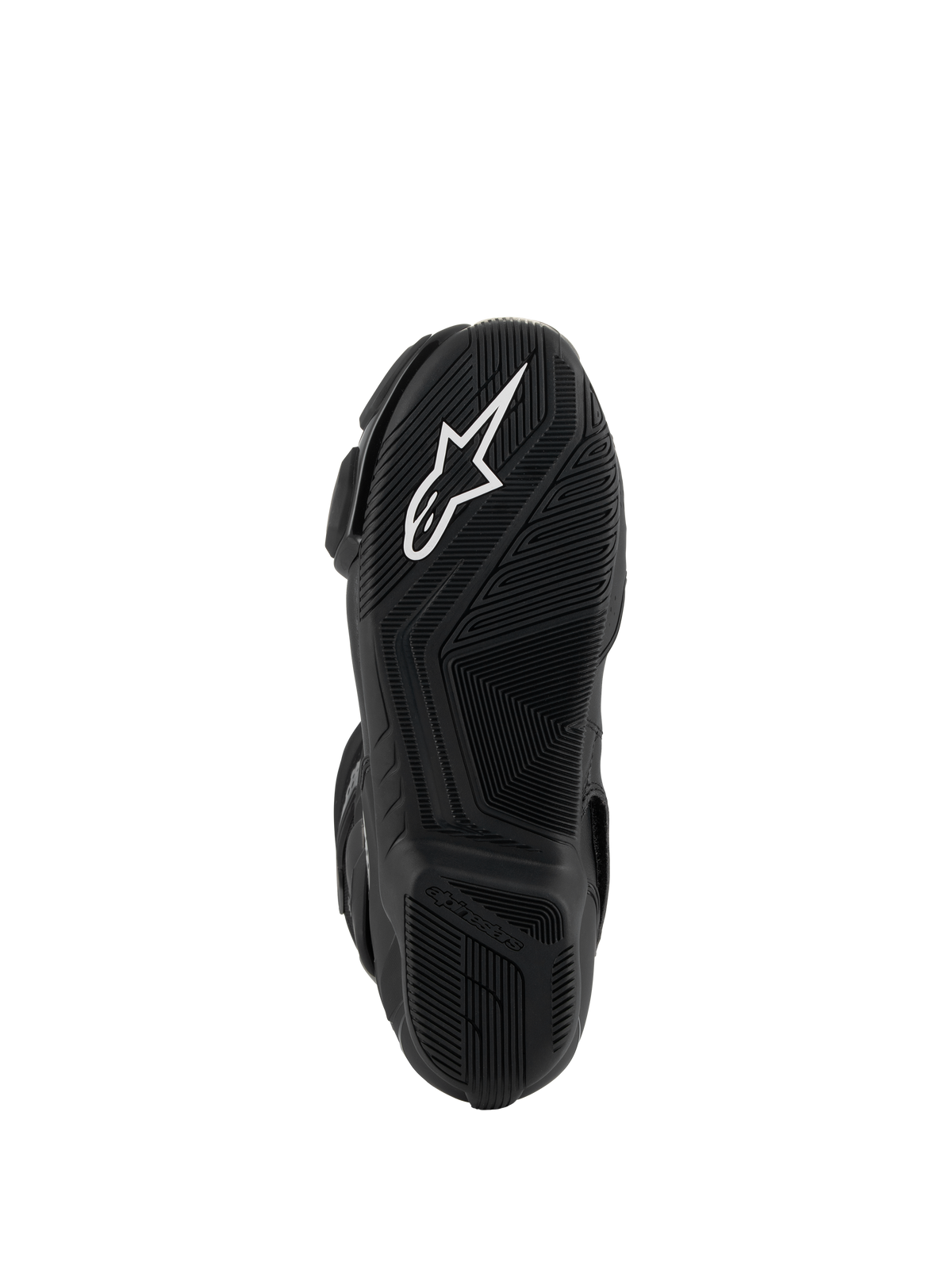 Alpinestars SMX-6 V3 Boots, Black, Bottom view of the lightweight rubber sole, featuring a textured grip pattern, white Astar logo, and embossed Alpinestars branding on the heel.