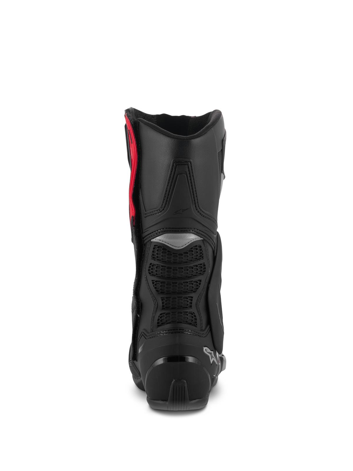Alpinestars SMX-6 V3 Boots, Performance Riding Boots, Black Silver Red, Rear view showing the TPU calf protector, mesh flex zones, and heel reinforcement, high-performance protective footwear