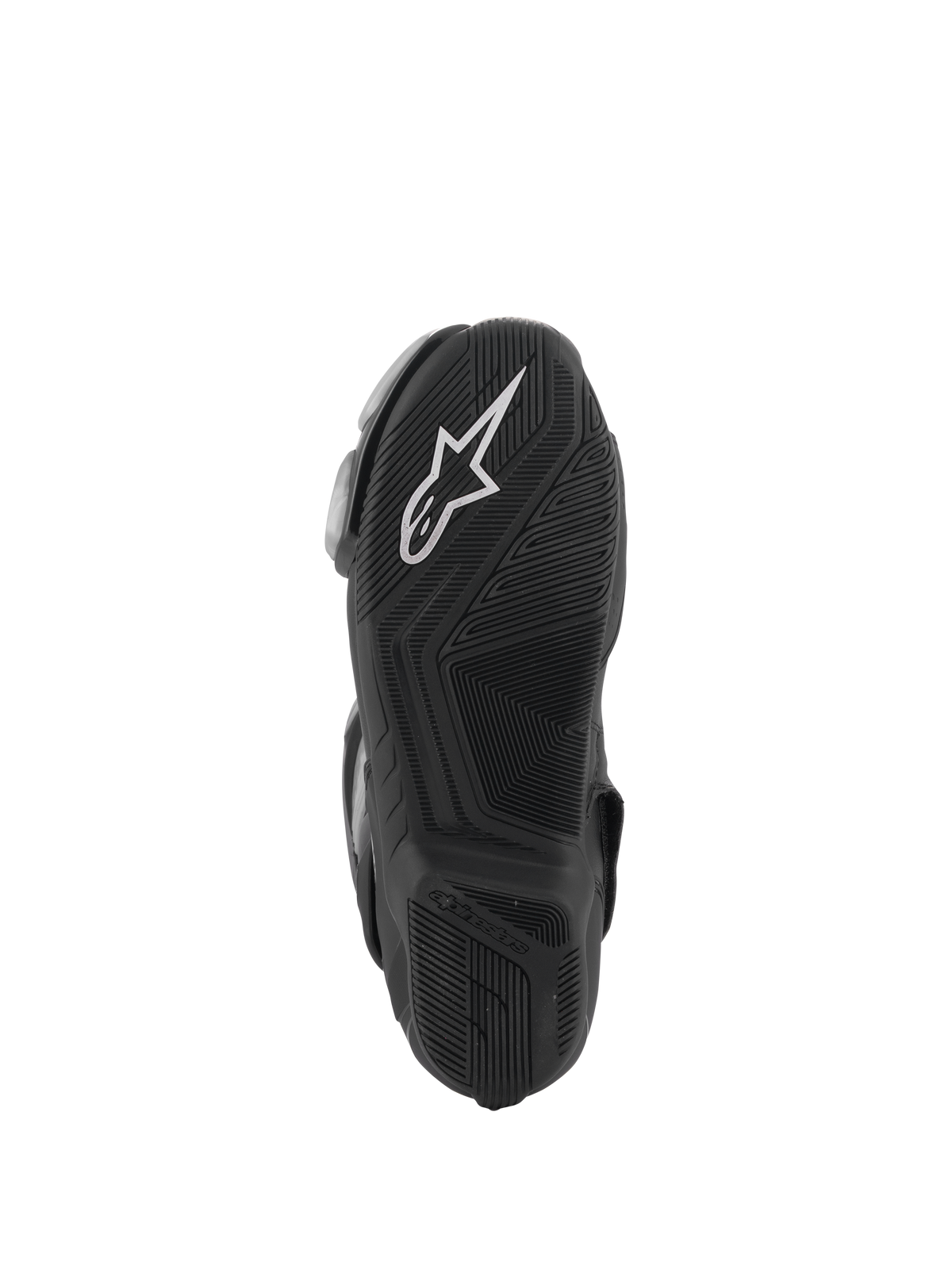 Alpinestars SMX-6 V3 Boots, Black, bottom sole view featuring a textured rubber outsole for grip, white Alpinestars logo on the heel, embossed branding, designed for track and street performance riding.