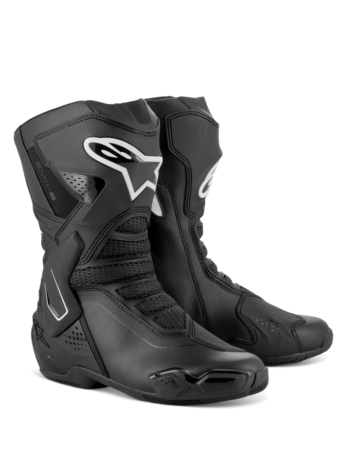 Alpinestars Stella SMX-6 V3 Boots, Women's Performance Motorcycle Boots, Black and White, featuring microfiber construction, TPU shin and ankle protection, and mesh flex zones for track and street riding