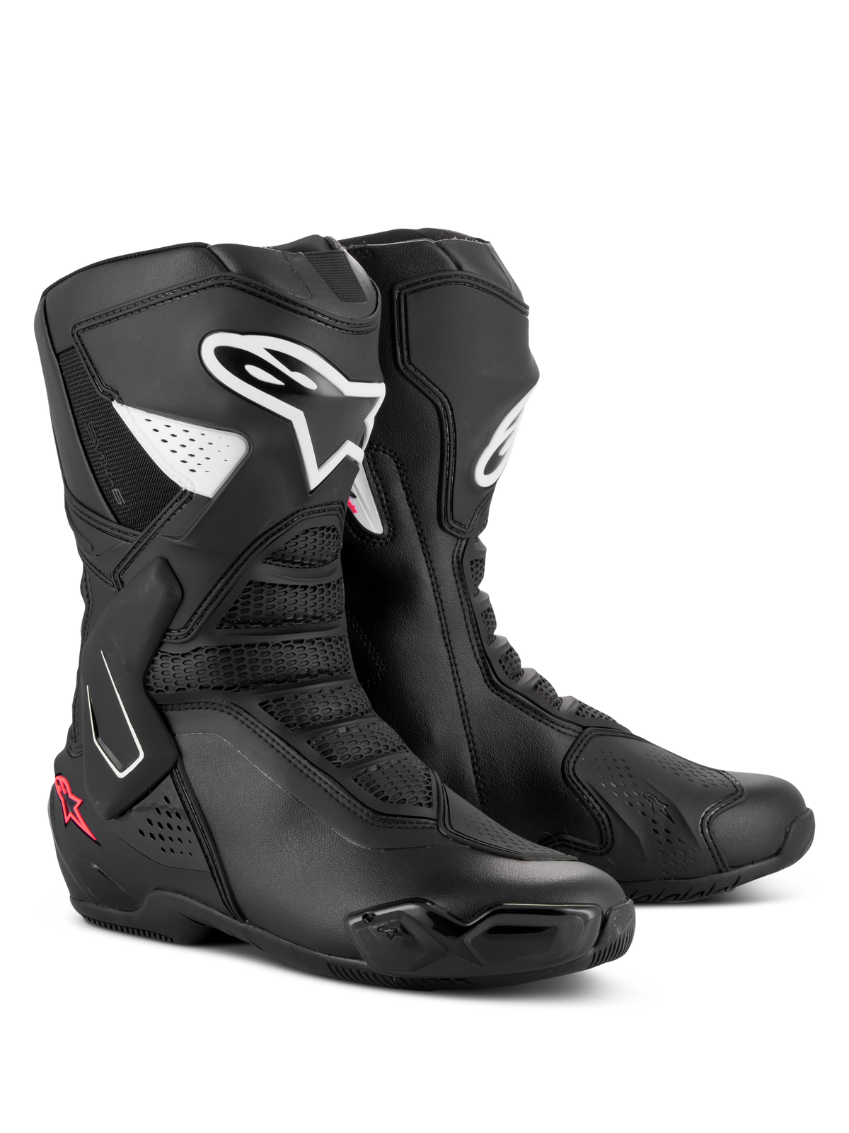 Alpinestars Stella SMX-6 V3 Boots, Women's Performance Riding Boots, Black White and Diva Pink, featuring white Alpinestars logos and pink star accents, sleek microfiber construction with TPU protectors for track and street performance