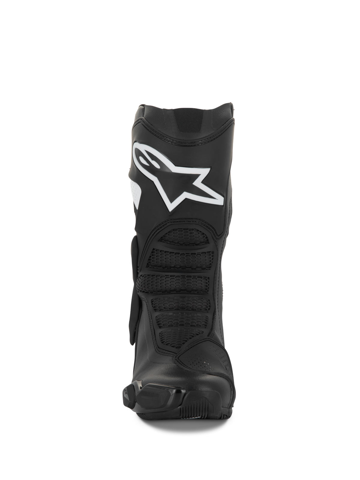 Alpinestars Stella SMX-6 V3 Boots, Women's Motorcycle Boots, Black and White, front-facing view showcasing the white Alpinestars logo on the shin, TPU protection, and ergonomic flex panels, engineered for track and street performance.