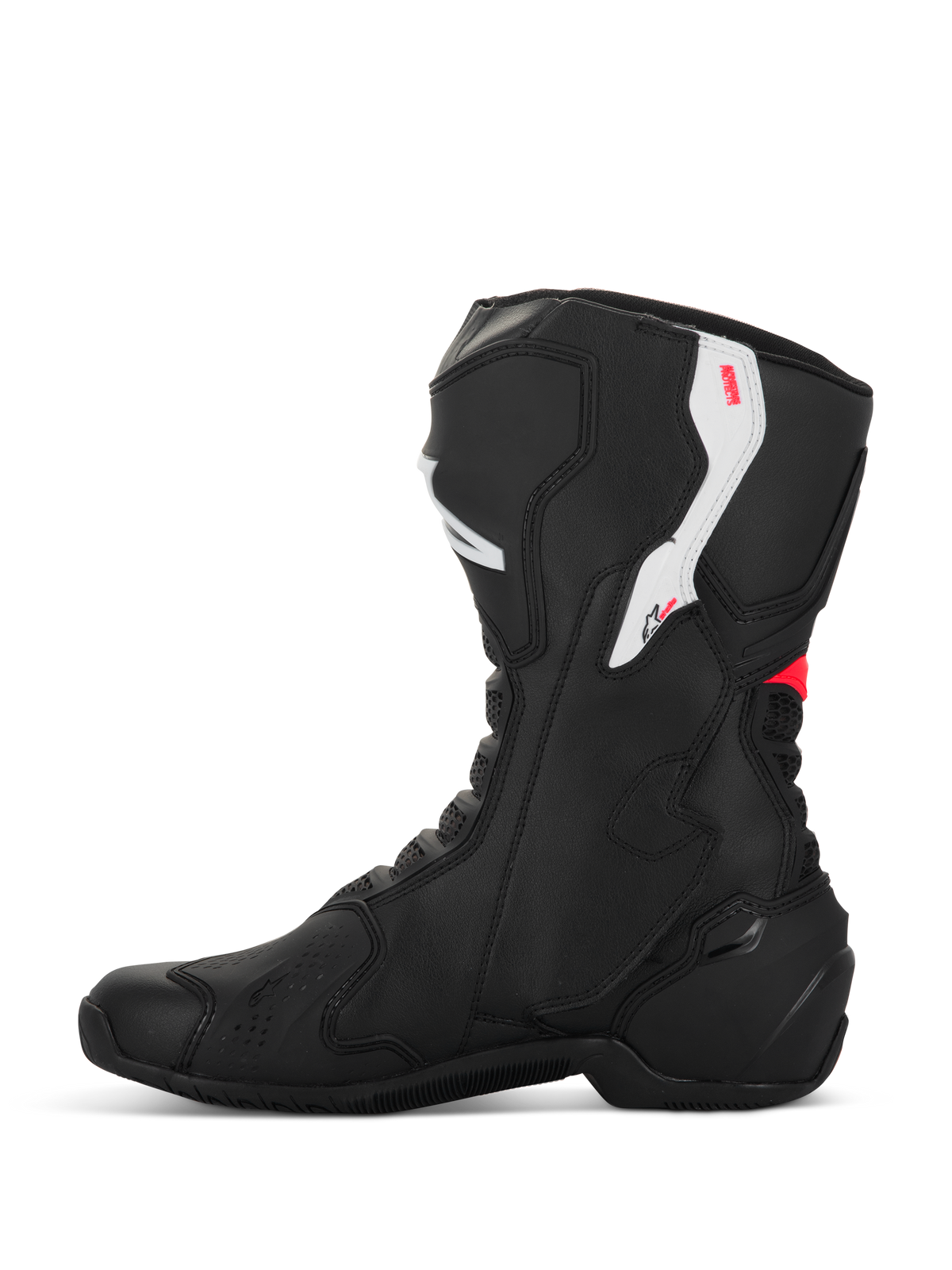 Alpinestars Stella SMX-6 V3 Boots, Women's Motorcycle Boots, Black White and Diva Pink, side profile view, featuring microfiber construction, TPU ankle and shin protection, and streamlined performance design for track and street riding.