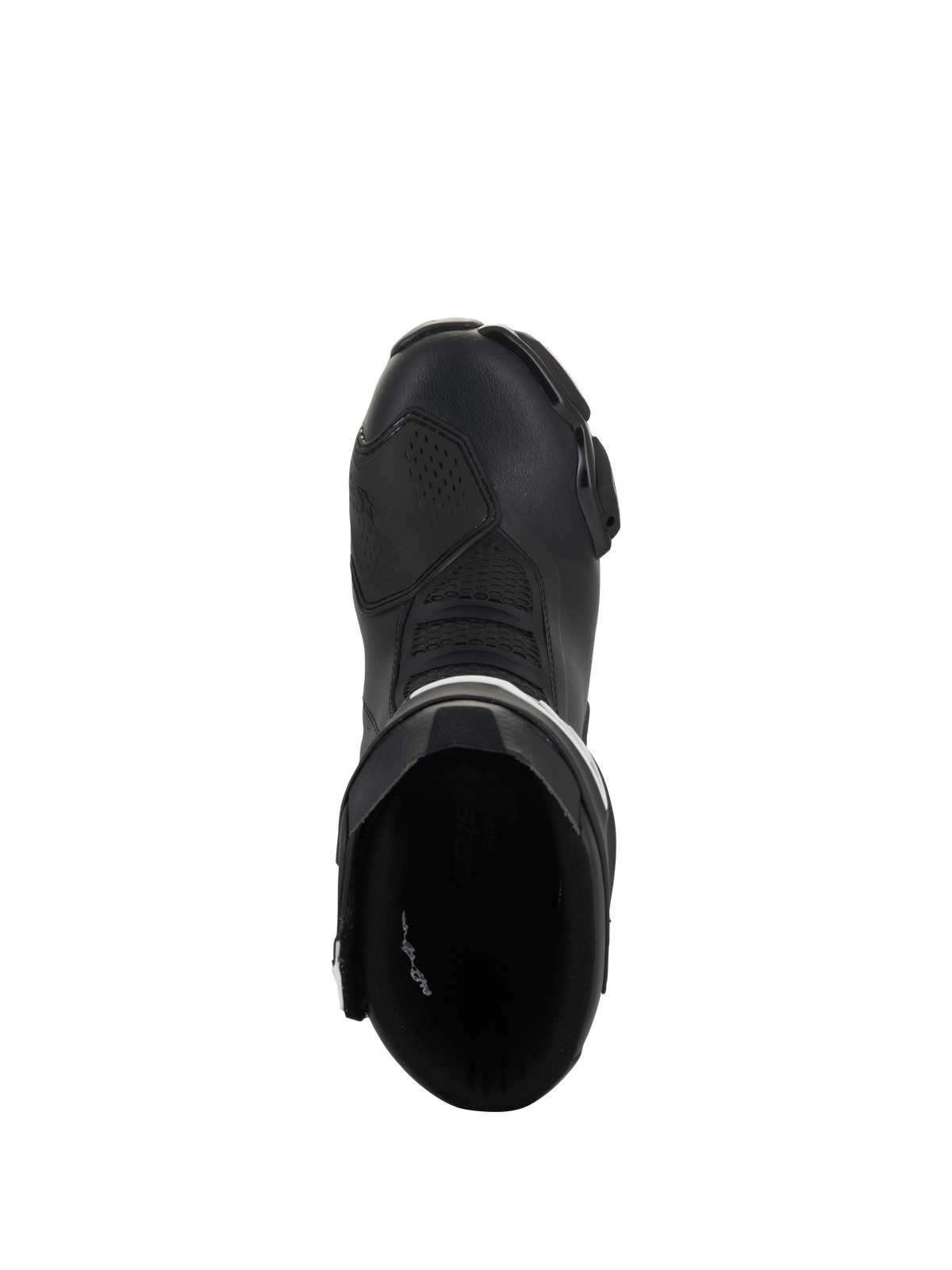 Alpinestars Stella SMX-6 V3 Boots, Women's Racing and Sport Motorcycle Boots, Black and White, top-down view showing the entry opening and streamlined toe box, durable microfiber construction.