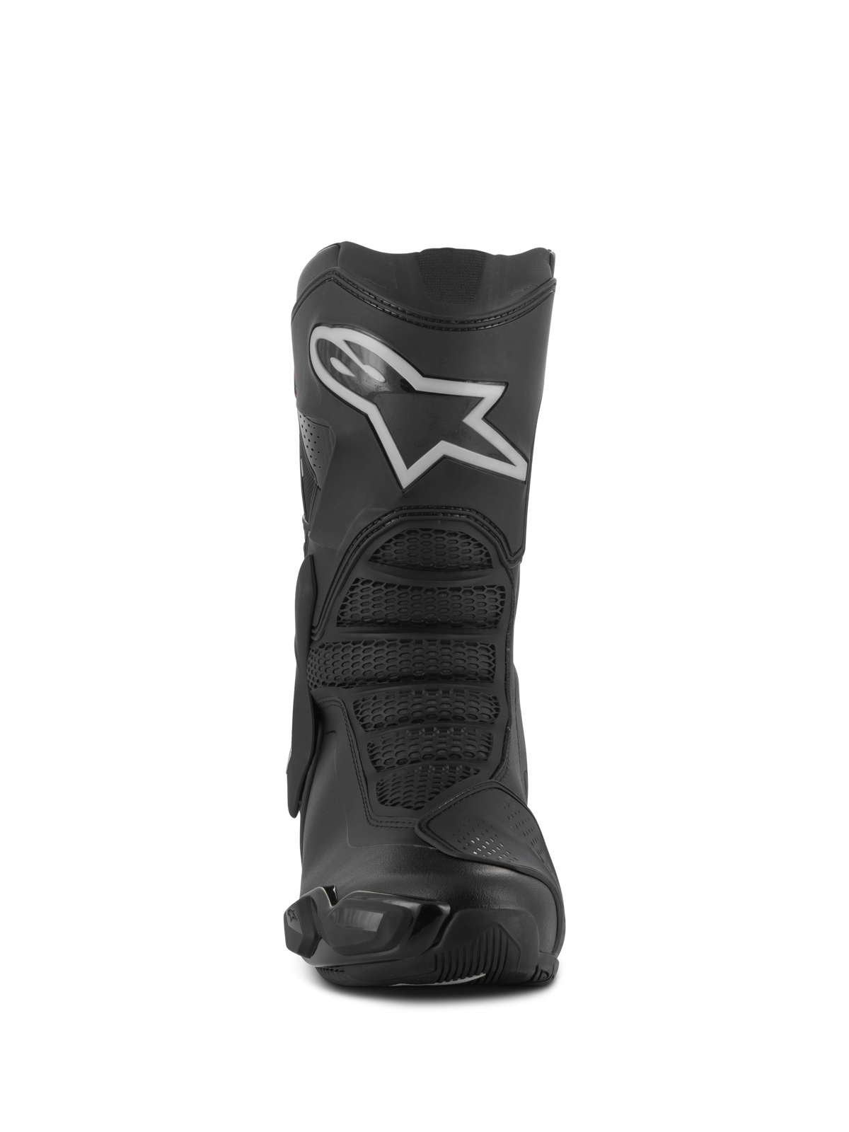 Alpinestars Stella SMX-6 V3 Drystar® Boots, Women's Motorcycle Riding Boots, Black and Silver, front view featuring a prominent white Astar logo on the shin plate, advanced microfiber construction with textured protective zones