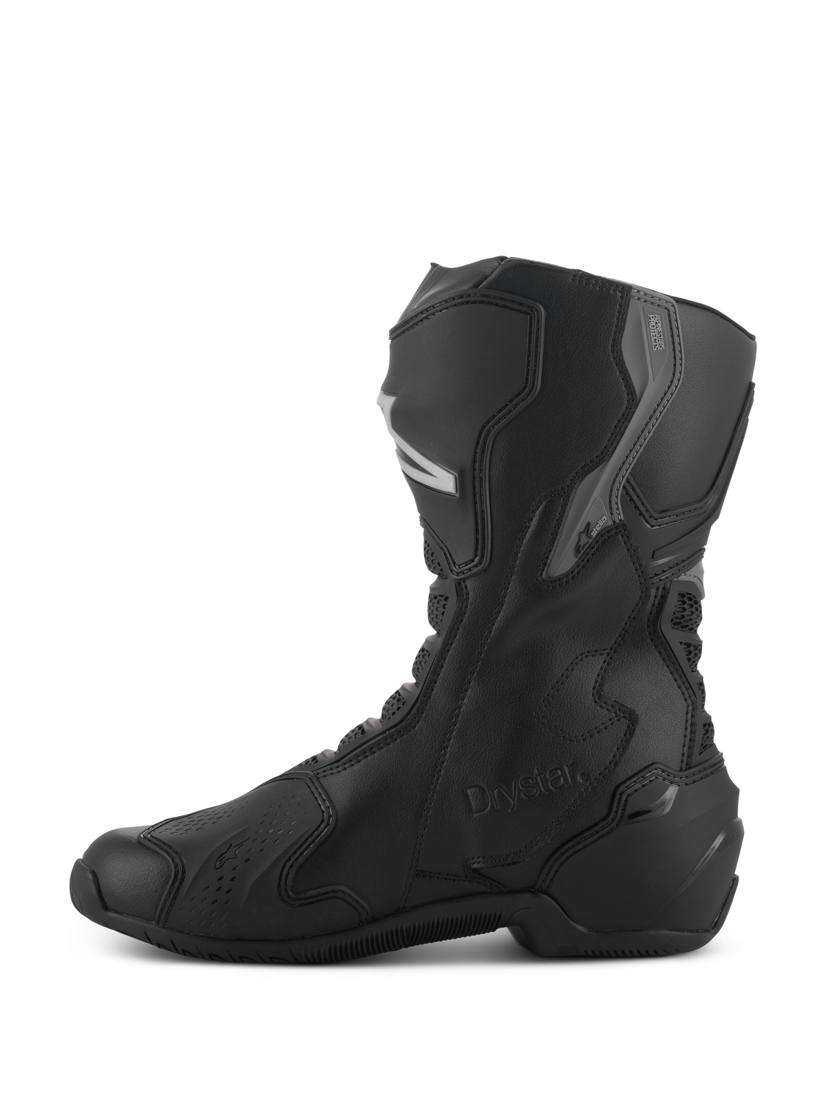Alpinestars Stella SMX-6 V3 Drystar® Boots, Women's Waterproof Motorcycle Boots, Black and Silver, Side profile view featuring TPU shin and ankle protection, embossed Drystar logo, durable microfiber construction for sport and road riding.