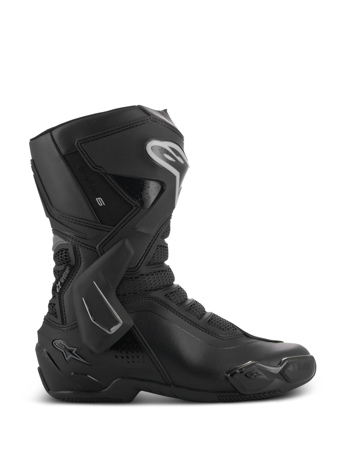 Alpinestars Stella SMX-6 V3 Drystar Boots, Women's Motorcycle Boots, Black with Silver accents, waterproof Drystar membrane, featuring TPU shin plate, ankle protection, and toe slider, performance riding gear