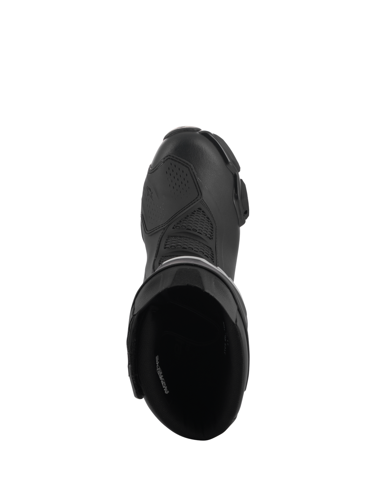 Alpinestars Stella SMX-6 V3 Drystar® Boots, Women's Performance Riding Boots, Black, top-down view showing the padded interior opening and the textured microfiber upper with a protective shifter pad