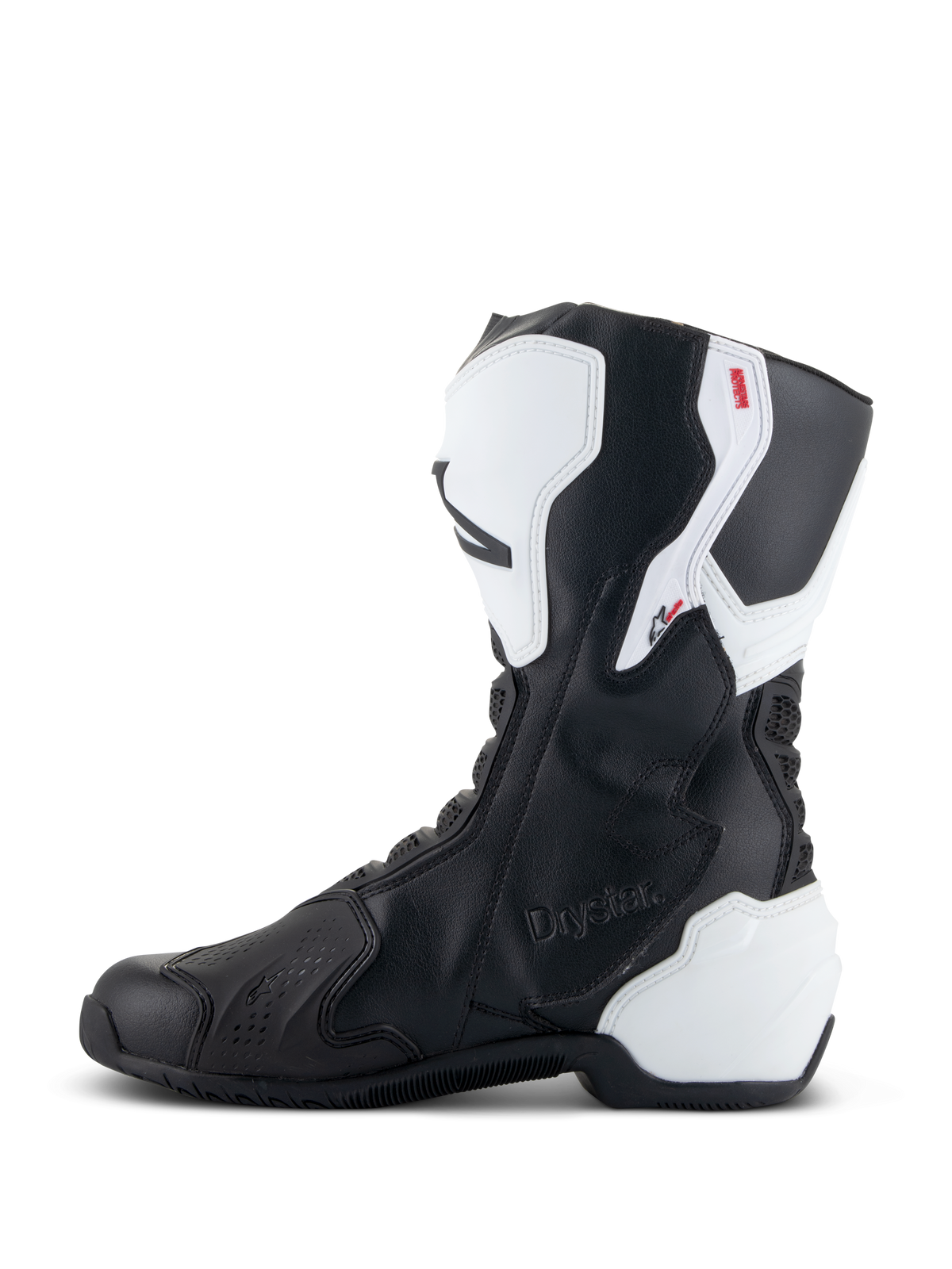 Alpinestars Stella SMX-6 V3 Drystar® Boots, Women's Performance Riding Boots, White and Black, medial side view featuring embossed Drystar branding, white TPU shin and heel protection, and sleek black microfiber upper for track and street performance.