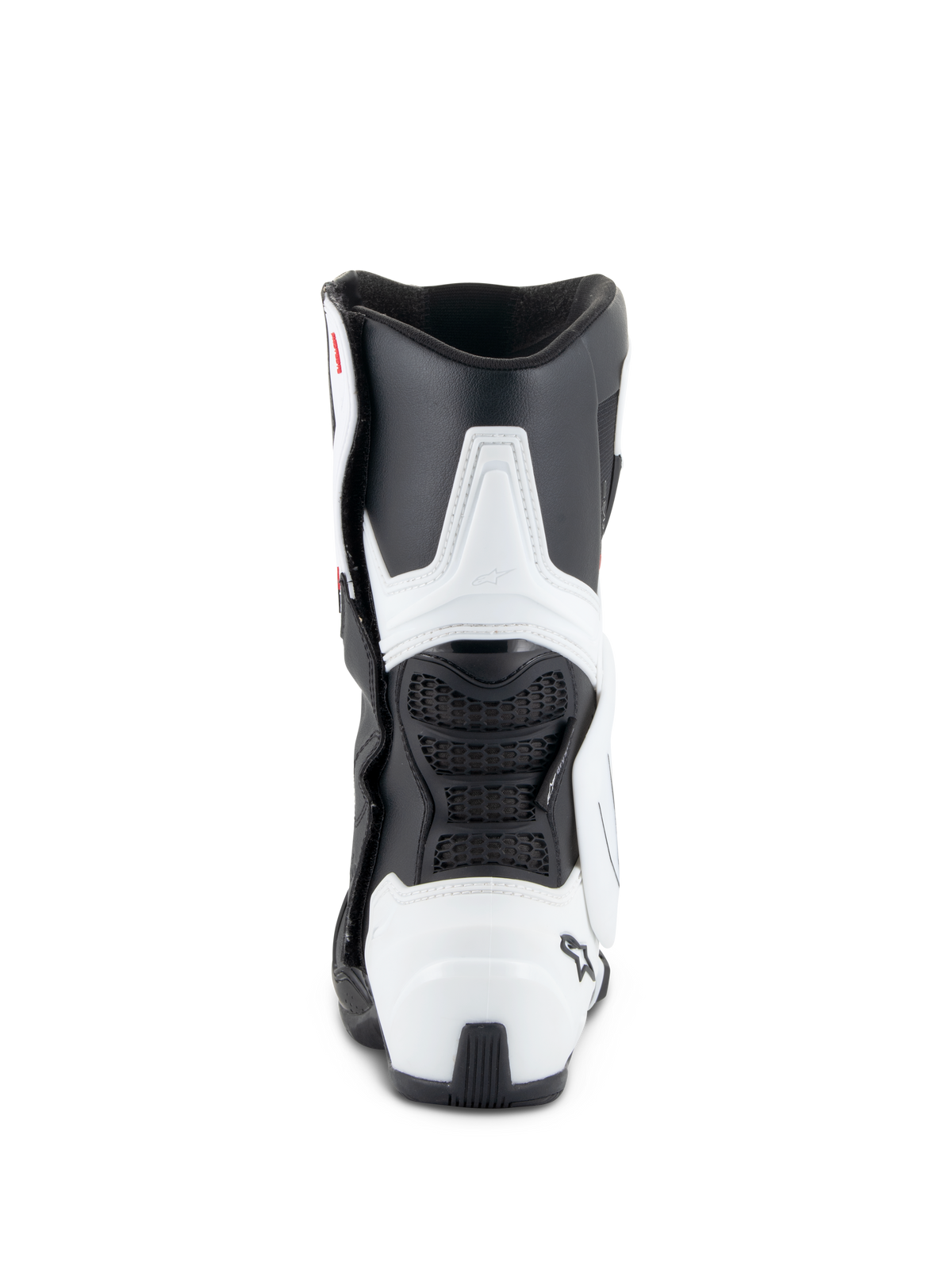 Alpinestars Stella SMX-6 V3 Drystar® Boots, Women's Motorcycle Boots, White and Black, rear view featuring TPU calf and heel protection, flexible black mesh panels, and ergonomic racing-derived design.