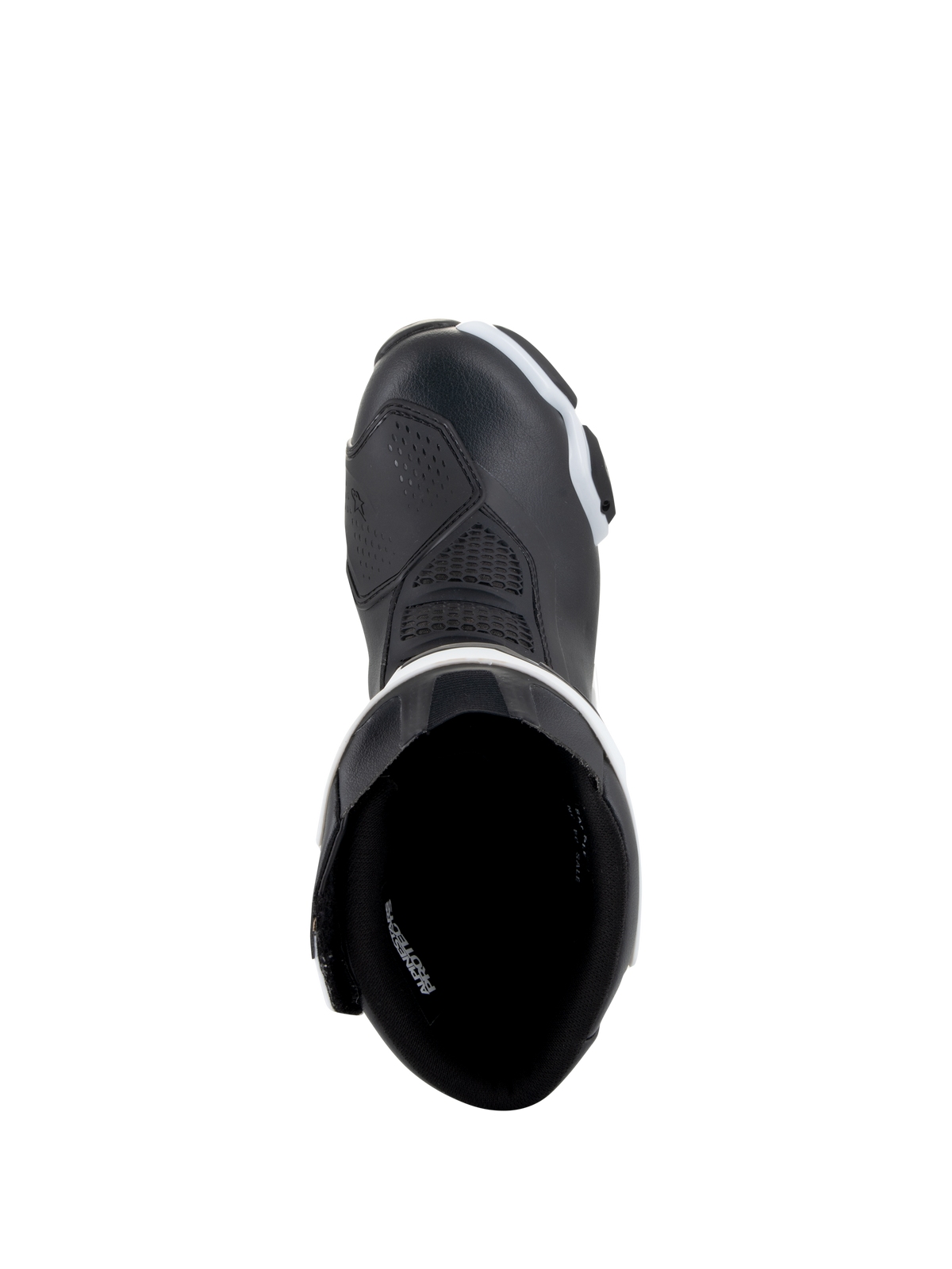 Alpinestars Stella SMX-6 V3 Drystar® Boots, Women's Motorcycle Boots, Black and White, top-down view showing interior lining and reinforced toe, waterproof microfiber construction for track and street riding